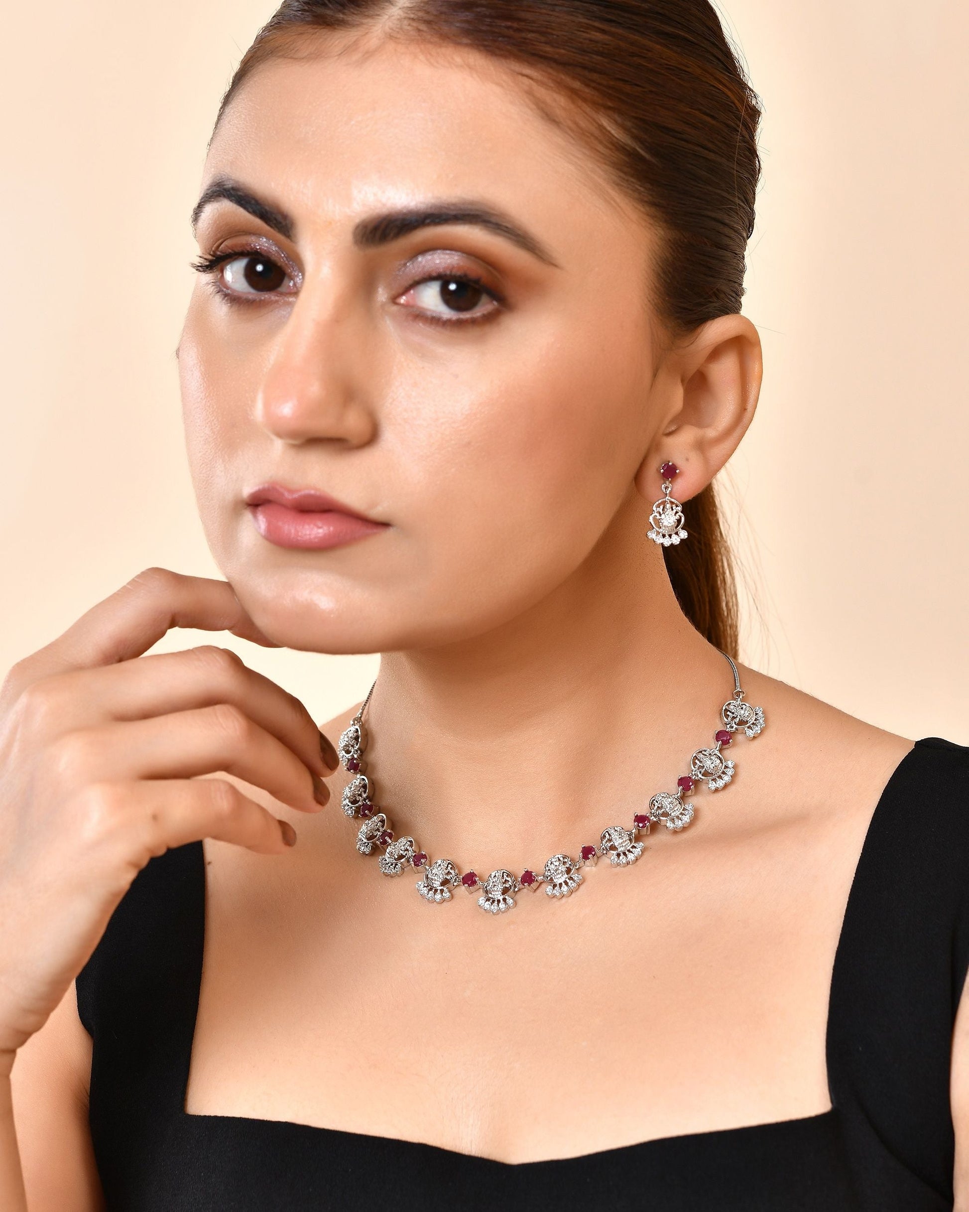 VOJ Silver Plated Ad Wine Stone Temple Jewellery Set  Grab2Buy VOJ Grab2Buy