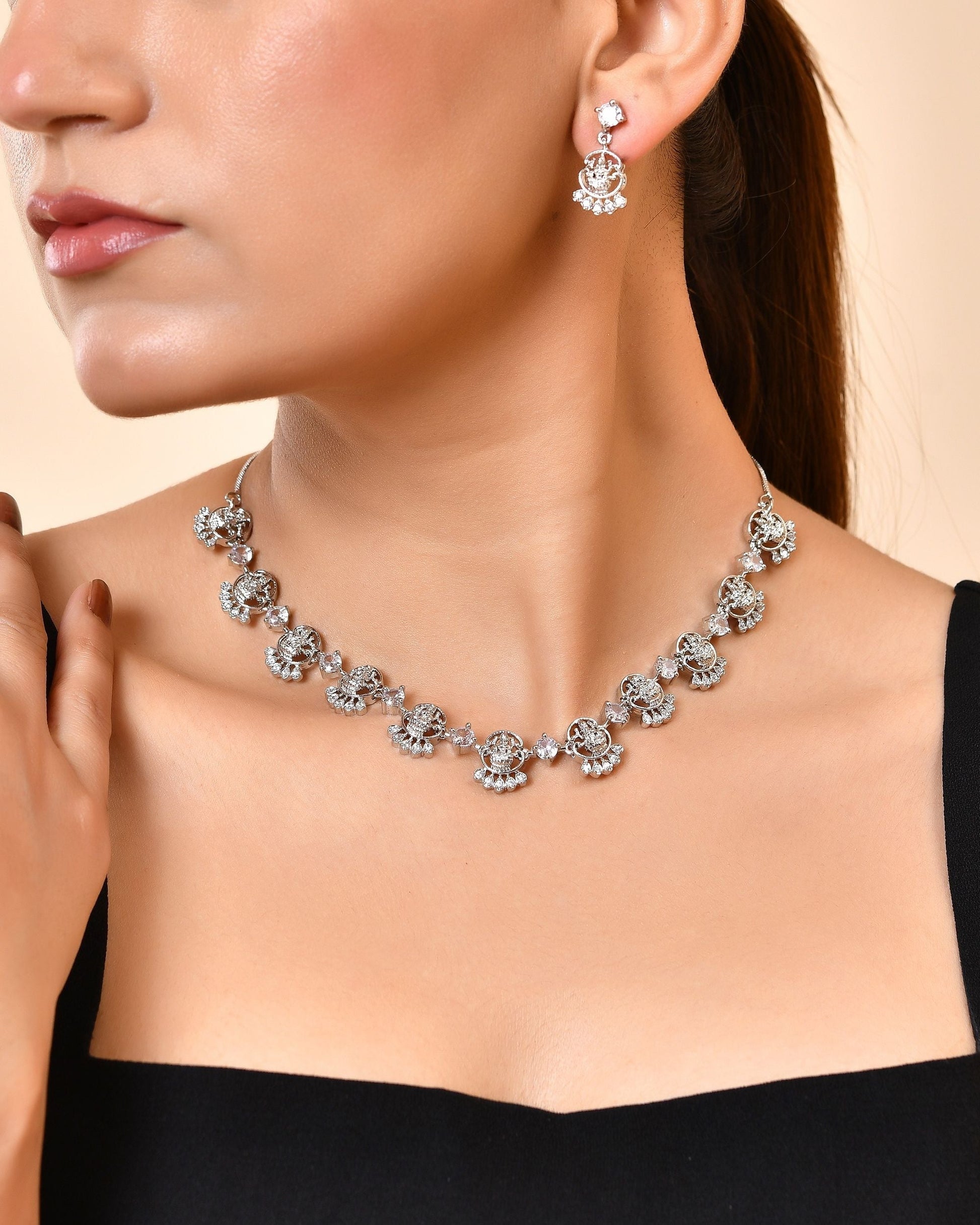 VOJ Silver Plated Ad Stone Temple Jewellery Set  Grab2Buy VOJ Grab2Buy