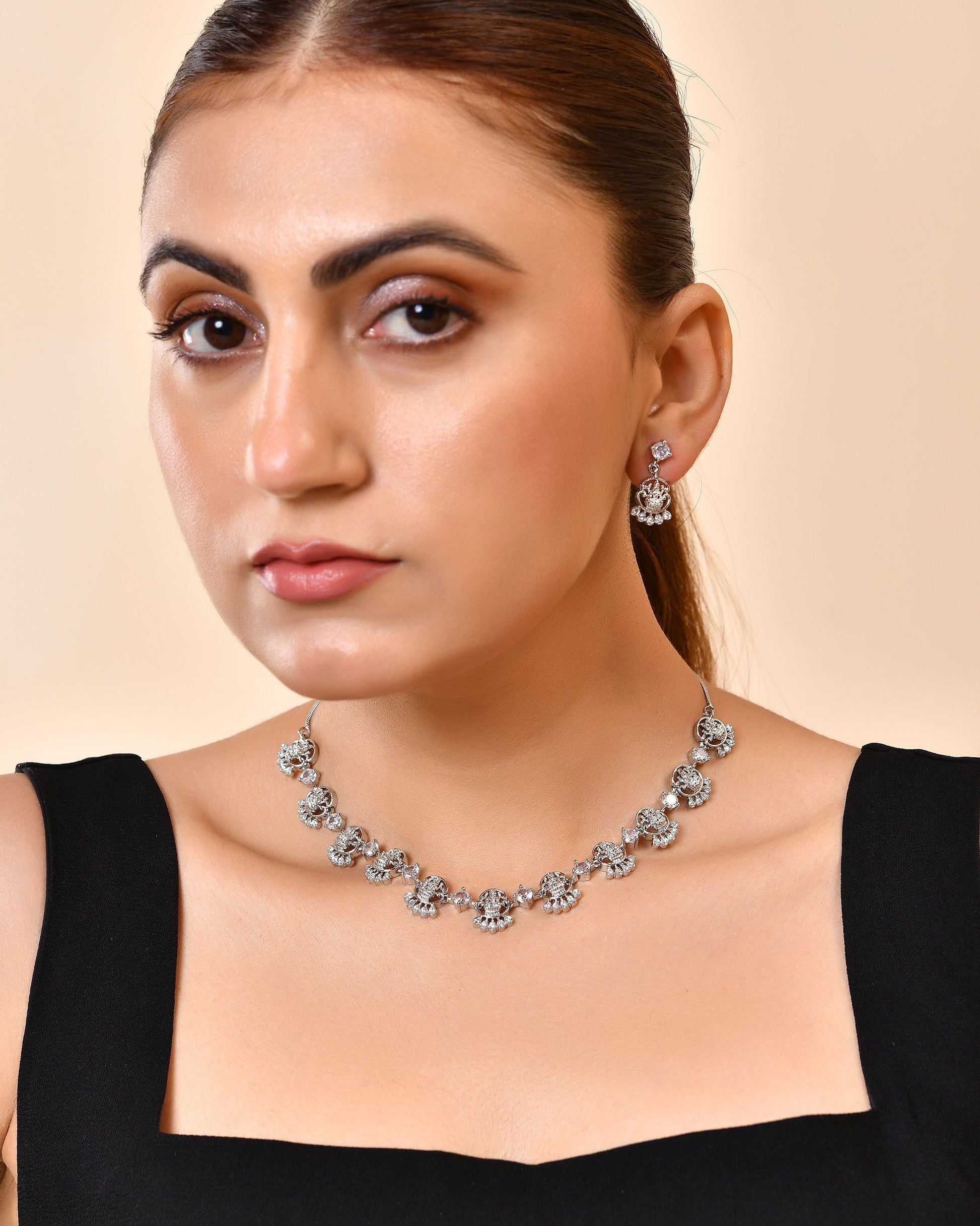 VOJ Silver Plated Ad Stone Temple Jewellery Set  Grab2Buy VOJ Grab2Buy