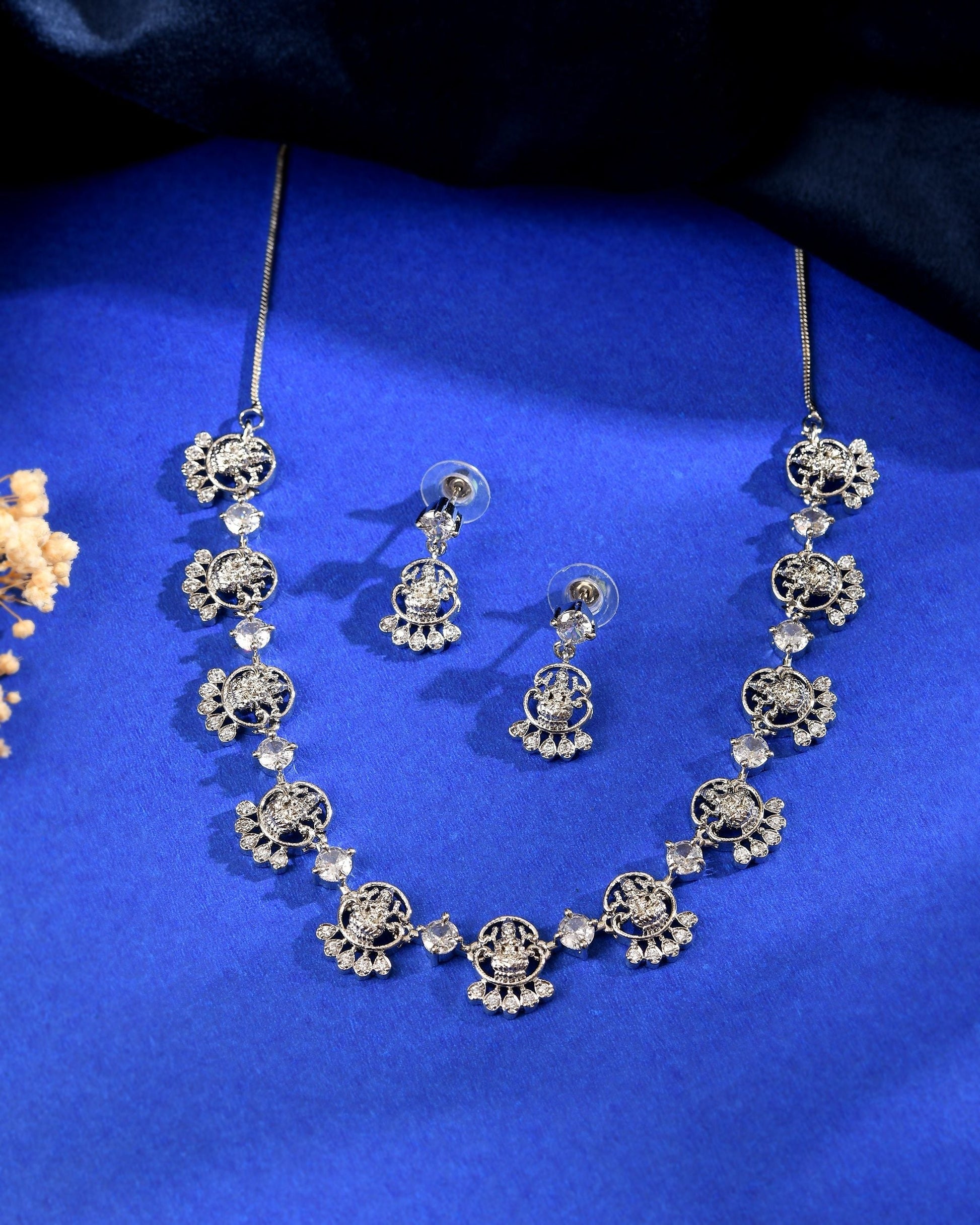 VOJ Silver Plated Ad Stone Temple Jewellery Set  Grab2Buy VOJ Grab2Buy