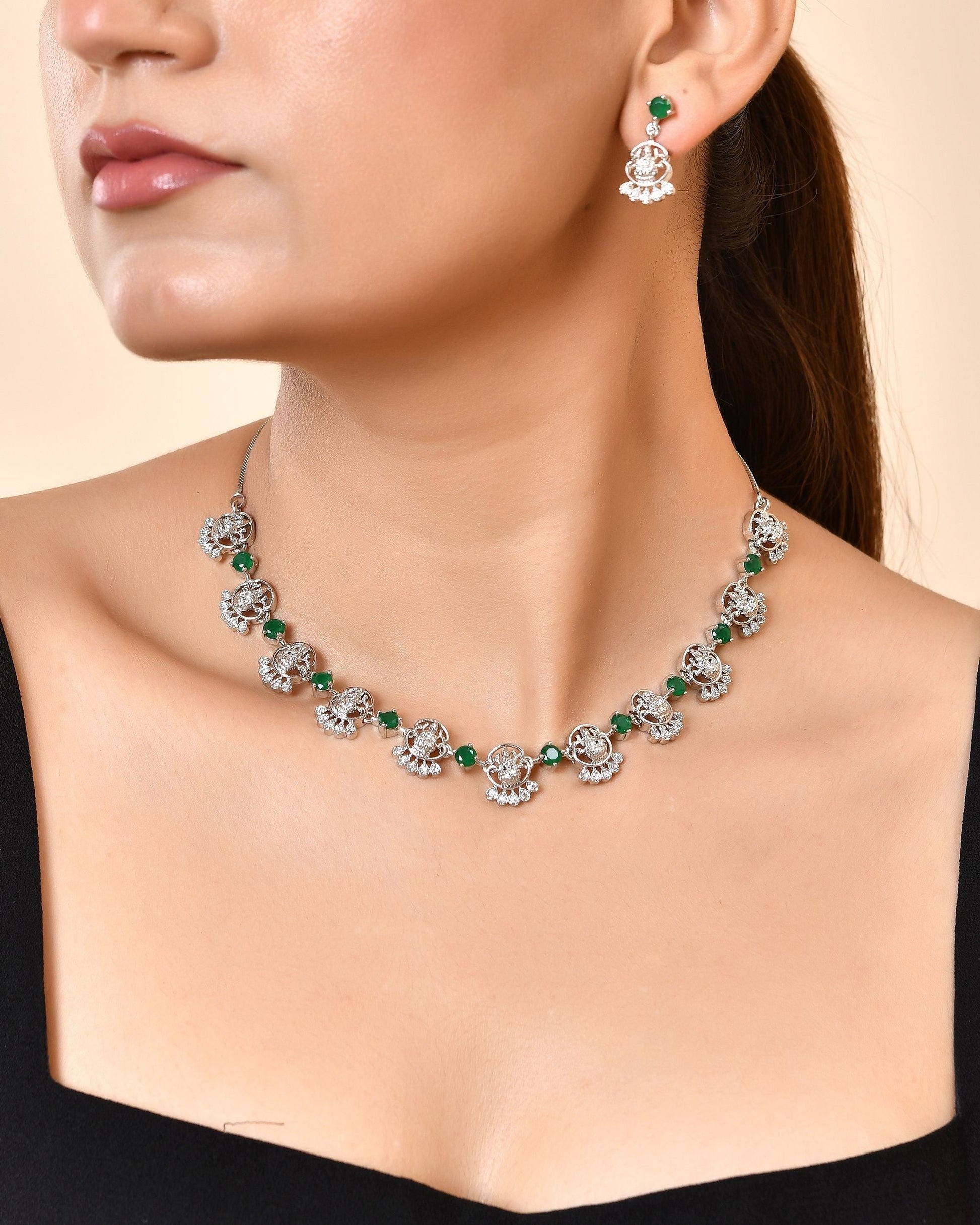 VOJ Silver Plated Ad Green Stone Temple Jewellery Set  Grab2Buy VOJ Grab2Buy