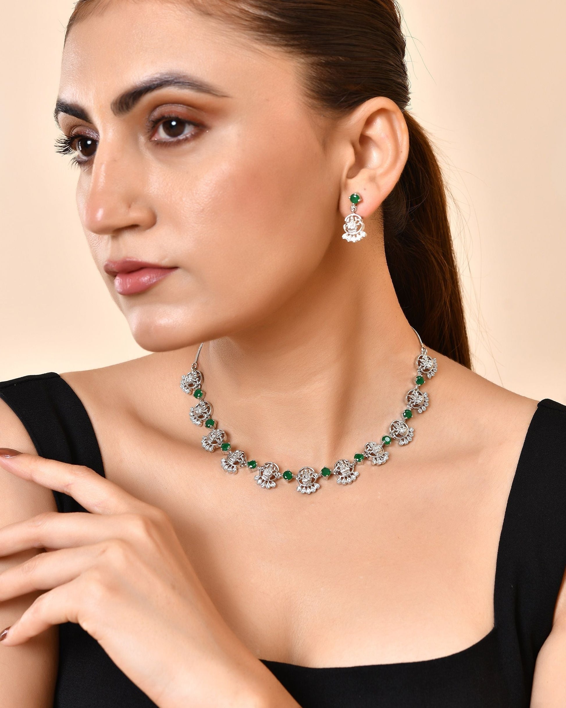 VOJ Silver Plated Ad Green Stone Temple Jewellery Set  Grab2Buy VOJ Grab2Buy
