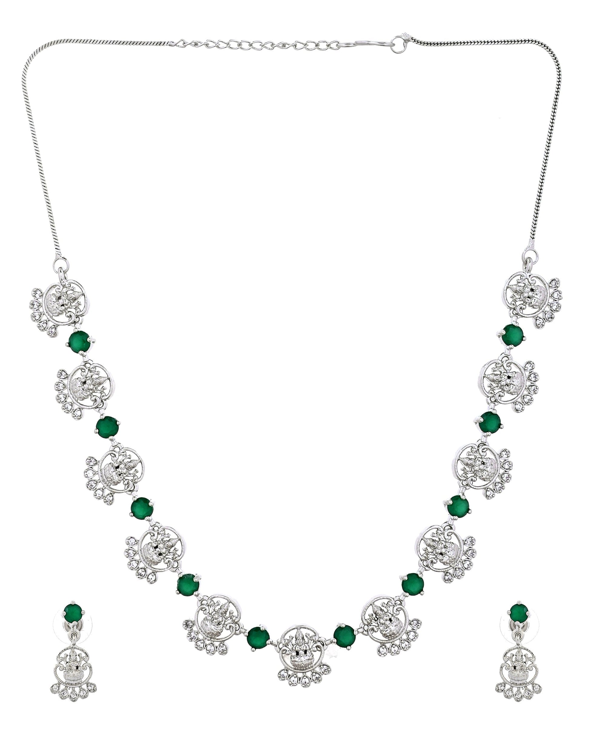 VOJ Silver Plated Ad Green Stone Temple Jewellery Set  Grab2Buy VOJ Grab2Buy