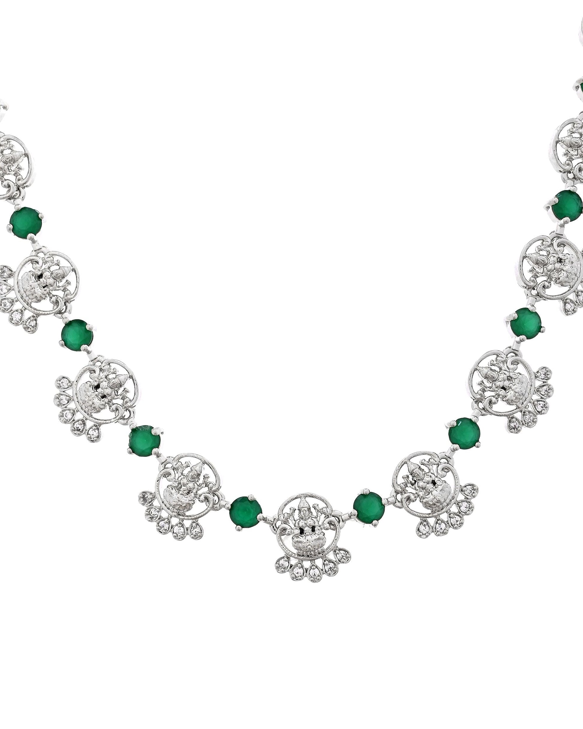 VOJ Silver Plated Ad Green Stone Temple Jewellery Set  Grab2Buy VOJ Grab2Buy