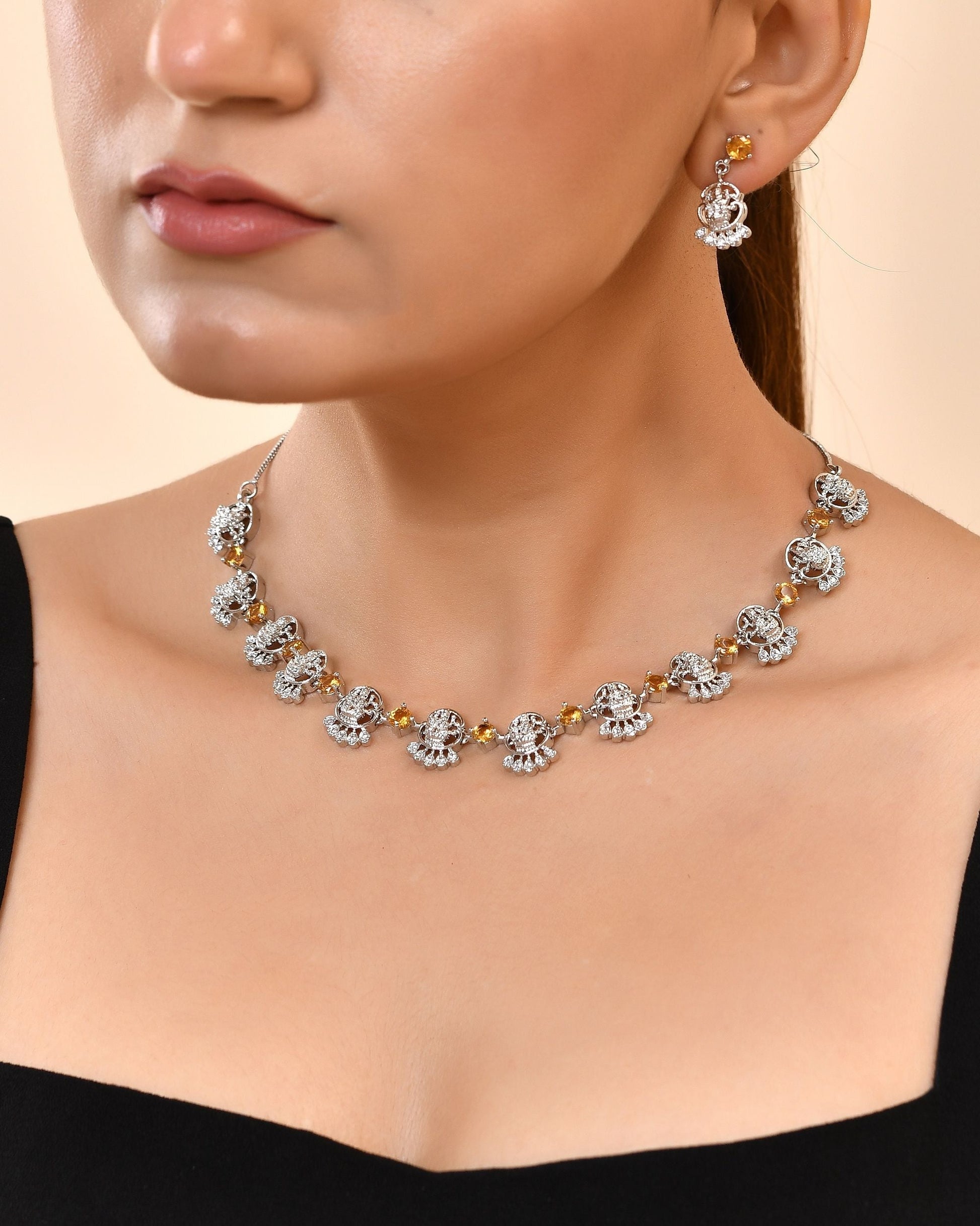 VOJ Silver Plated Ad Yellow Stone Temple Jewellery Set  Grab2Buy VOJ Grab2Buy