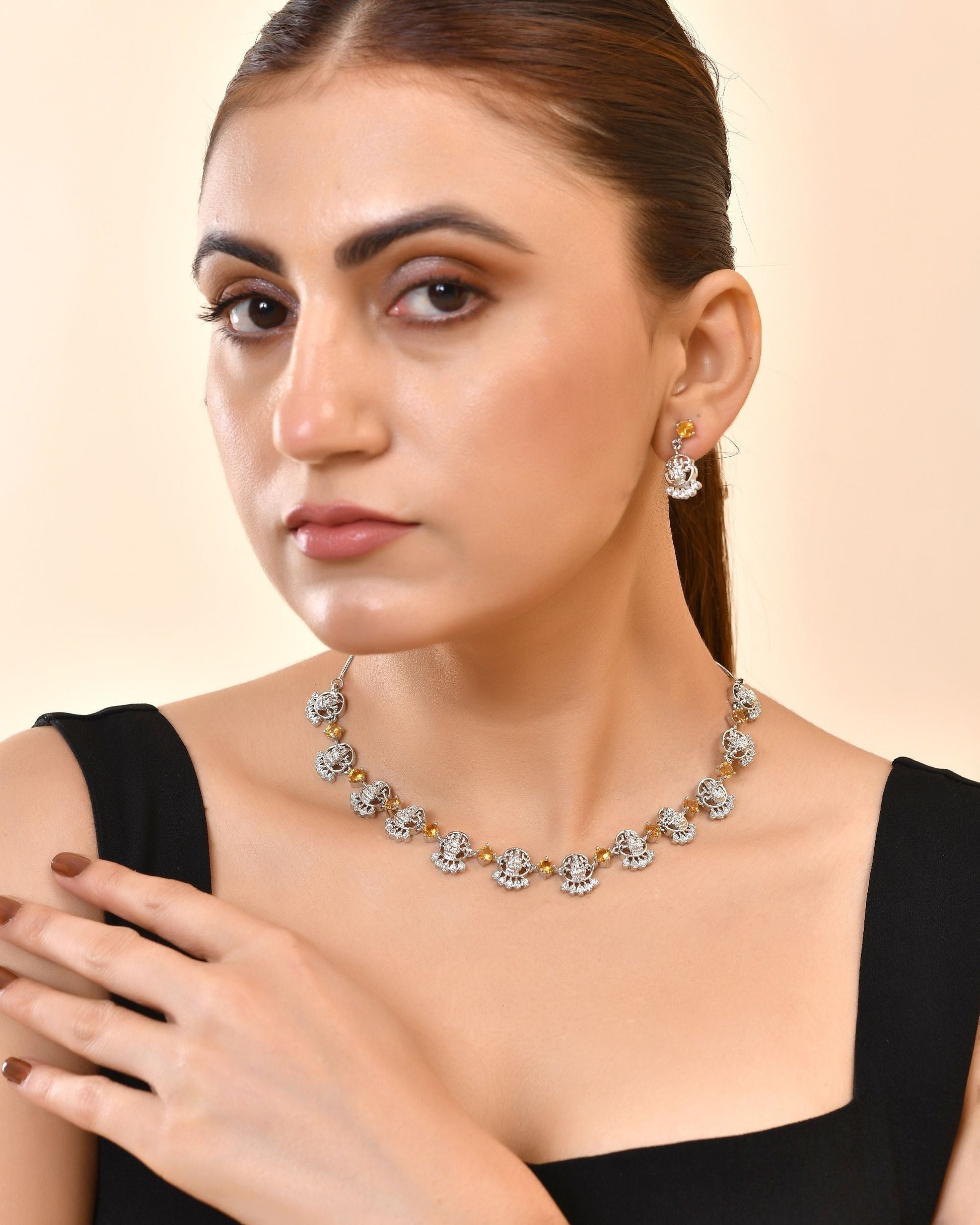 VOJ Silver Plated Ad Yellow Stone Temple Jewellery Set  Grab2Buy VOJ Grab2Buy