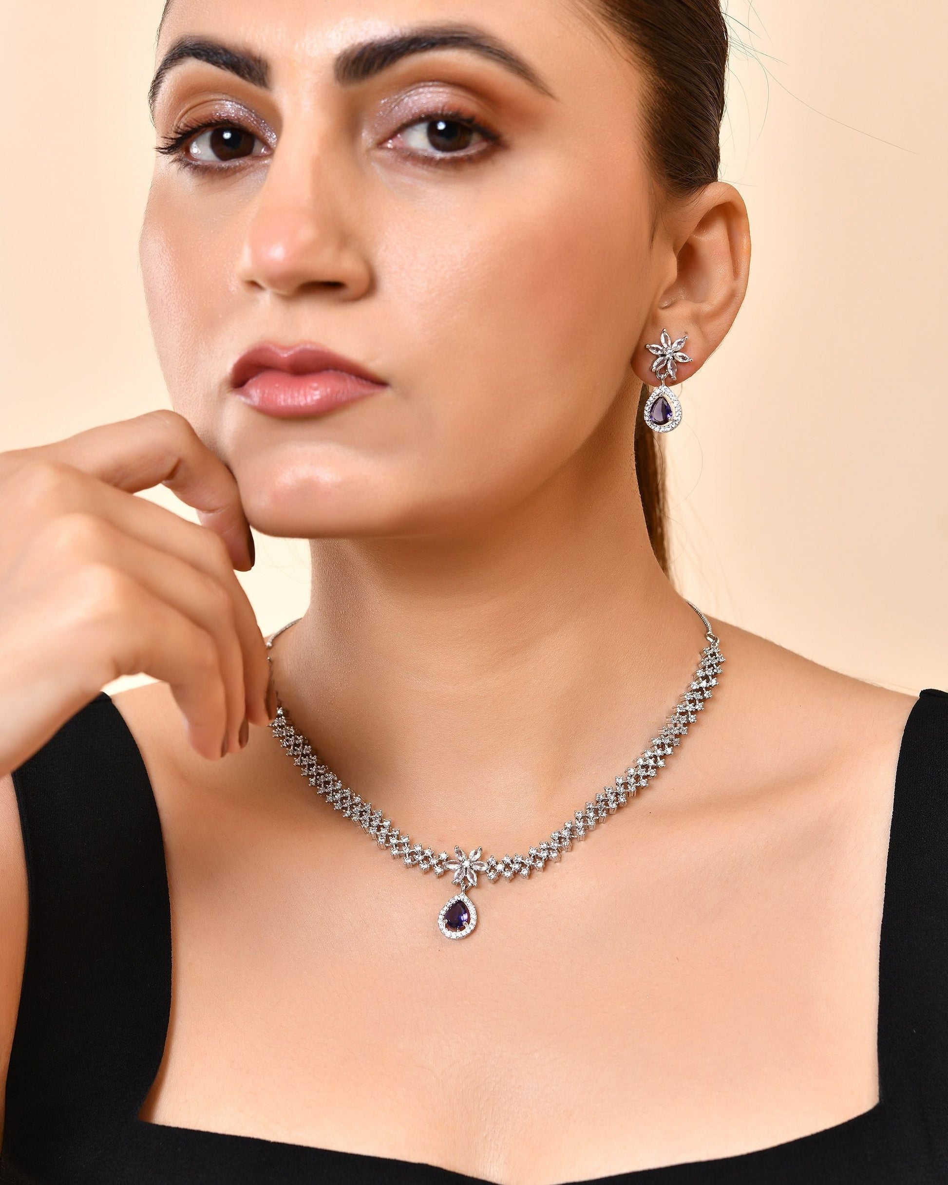 VOJ Silver Plated Purple Drop Shaped Ad Jewellery Set  Grab2Buy VOJ Grab2Buy