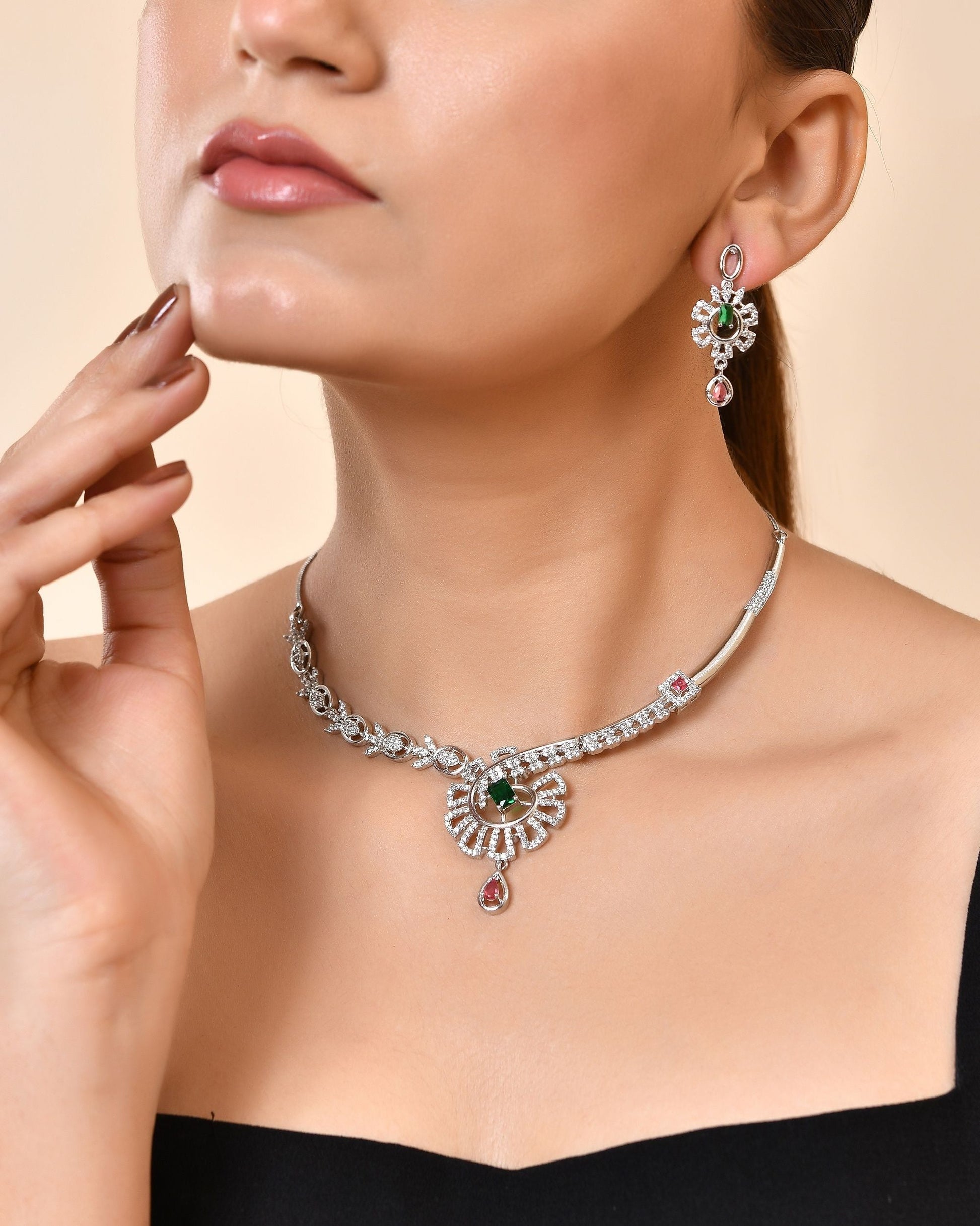 VOJ Silver Plated Ad Stone Studded Designer Necklace Set  Grab2Buy VOJ Grab2Buy