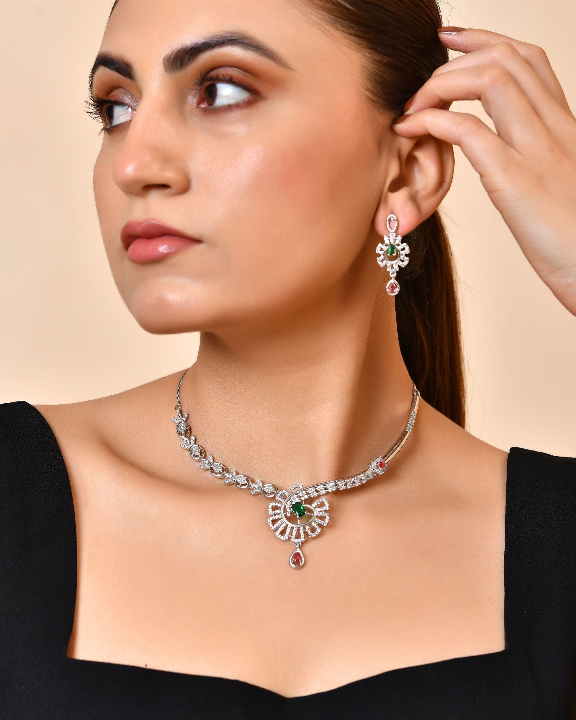 VOJ Silver Plated Ad Stone Studded Designer Necklace Set  Grab2Buy VOJ Grab2Buy