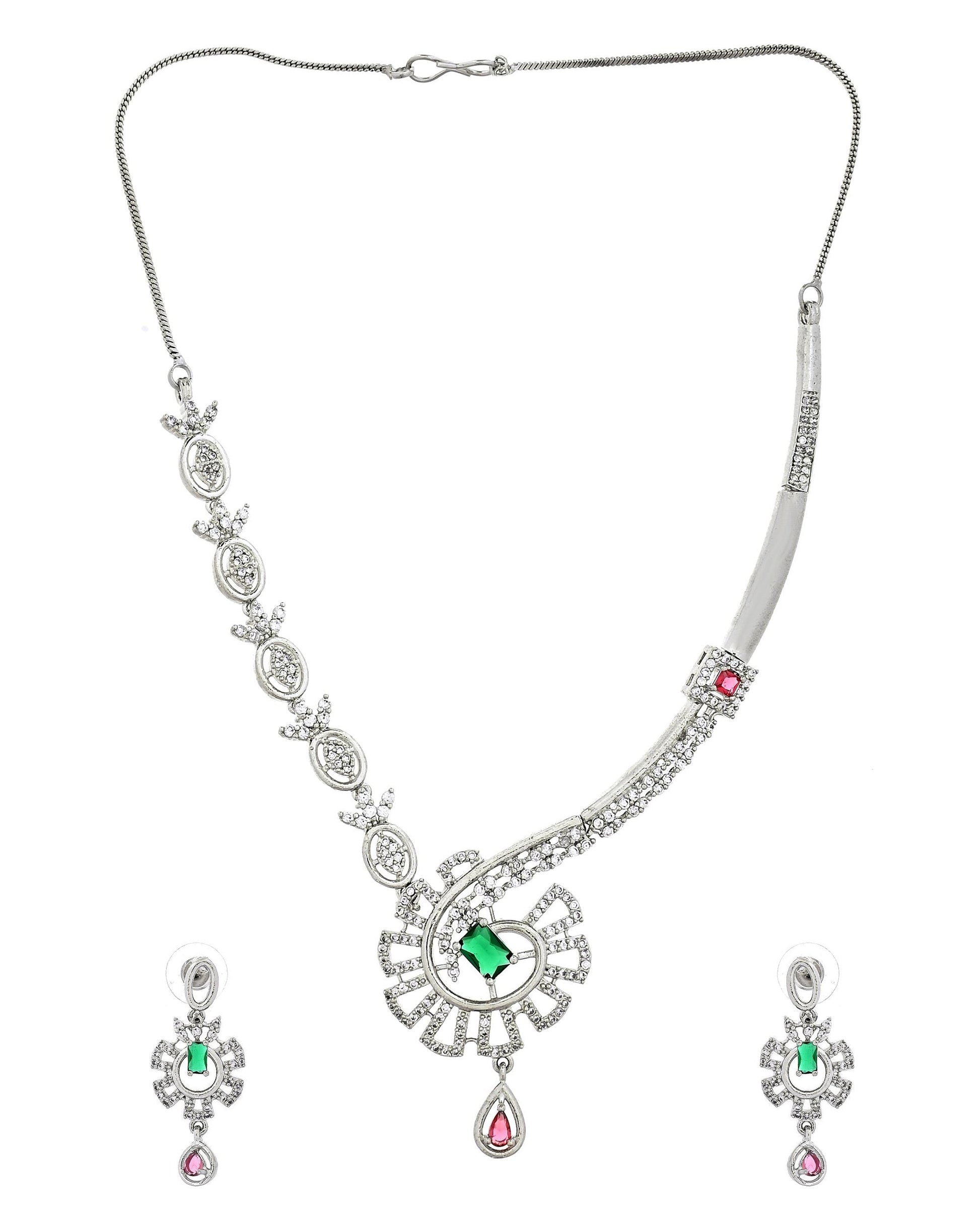 VOJ Silver Plated Ad Stone Studded Designer Necklace Set  Grab2Buy VOJ Grab2Buy