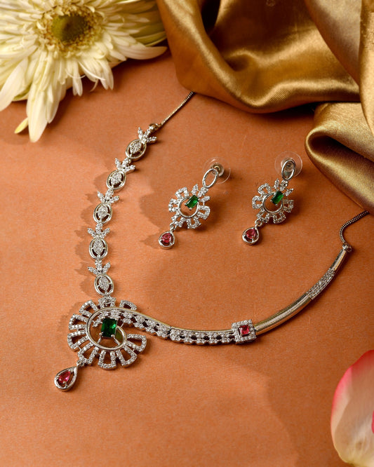 VOJ Silver Plated Ad Stone Studded Designer Necklace Set  Grab2Buy VOJ Grab2Buy