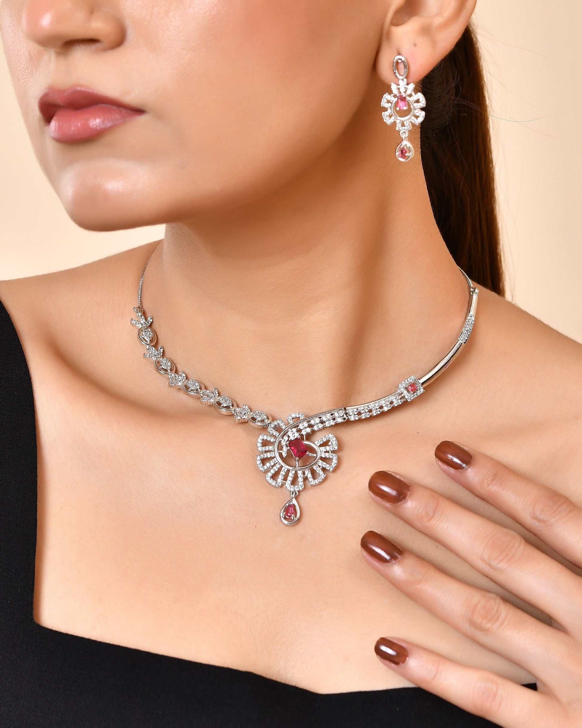 VOJ Silver Plated Ruby Red Ad Stone Studded Designer Necklace Set  Grab2Buy VOJ Grab2Buy