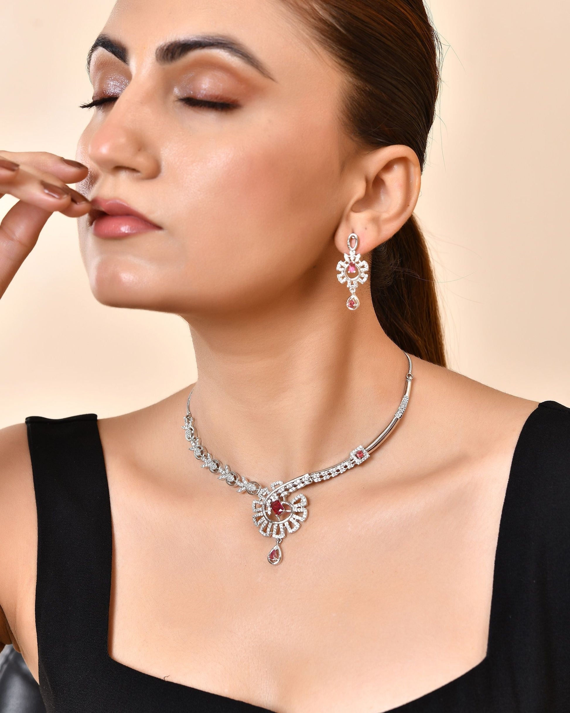 VOJ Silver Plated Ruby Red Ad Stone Studded Designer Necklace Set  Grab2Buy VOJ Grab2Buy