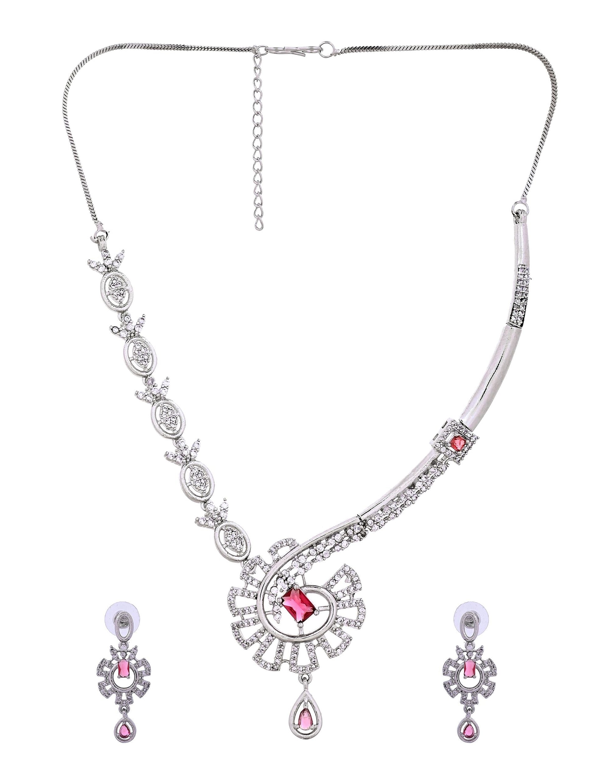 VOJ Silver Plated Ruby Red Ad Stone Studded Designer Necklace Set  Grab2Buy VOJ Grab2Buy