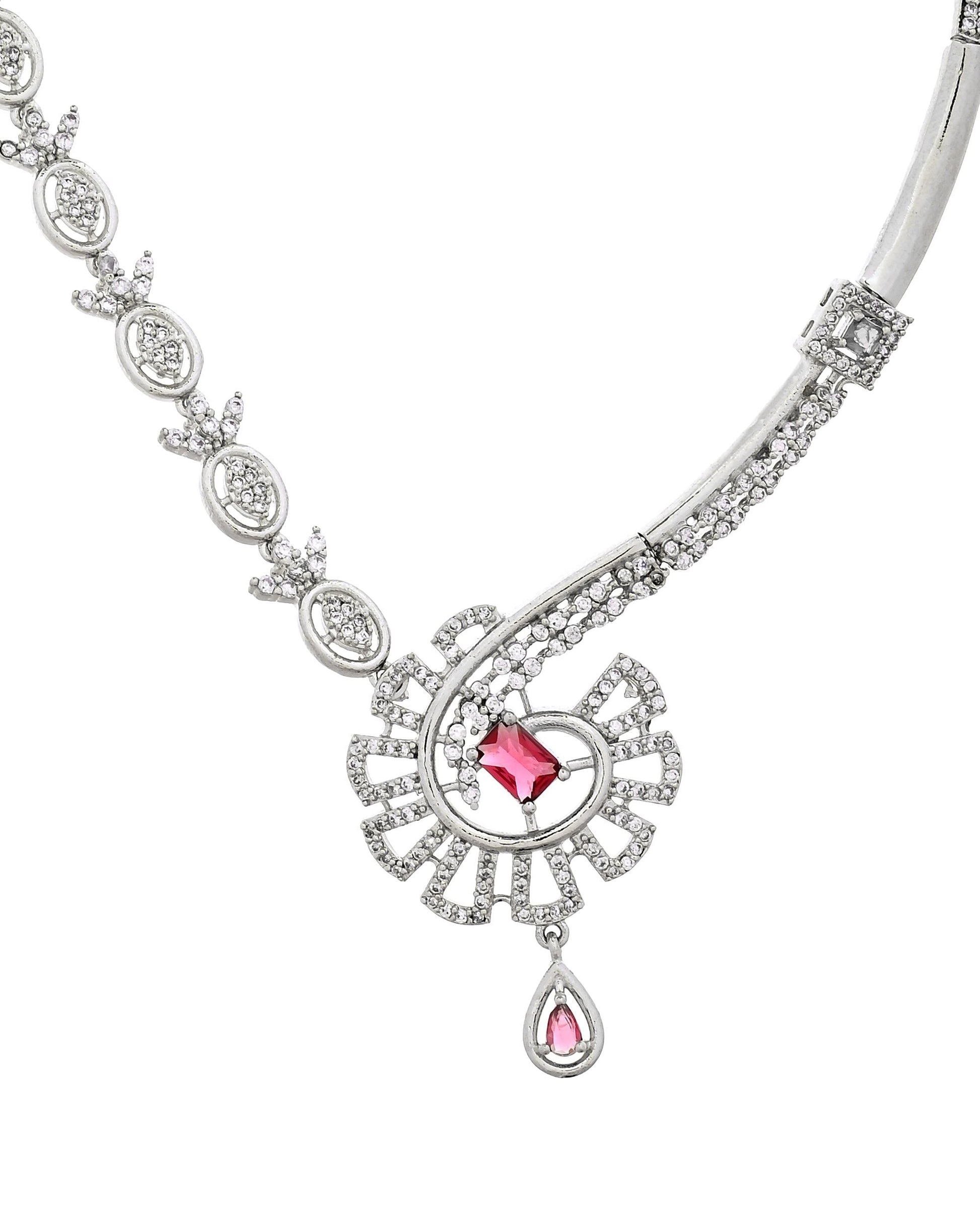 VOJ Silver Plated Ruby Red Ad Stone Studded Designer Necklace Set  Grab2Buy VOJ Grab2Buy