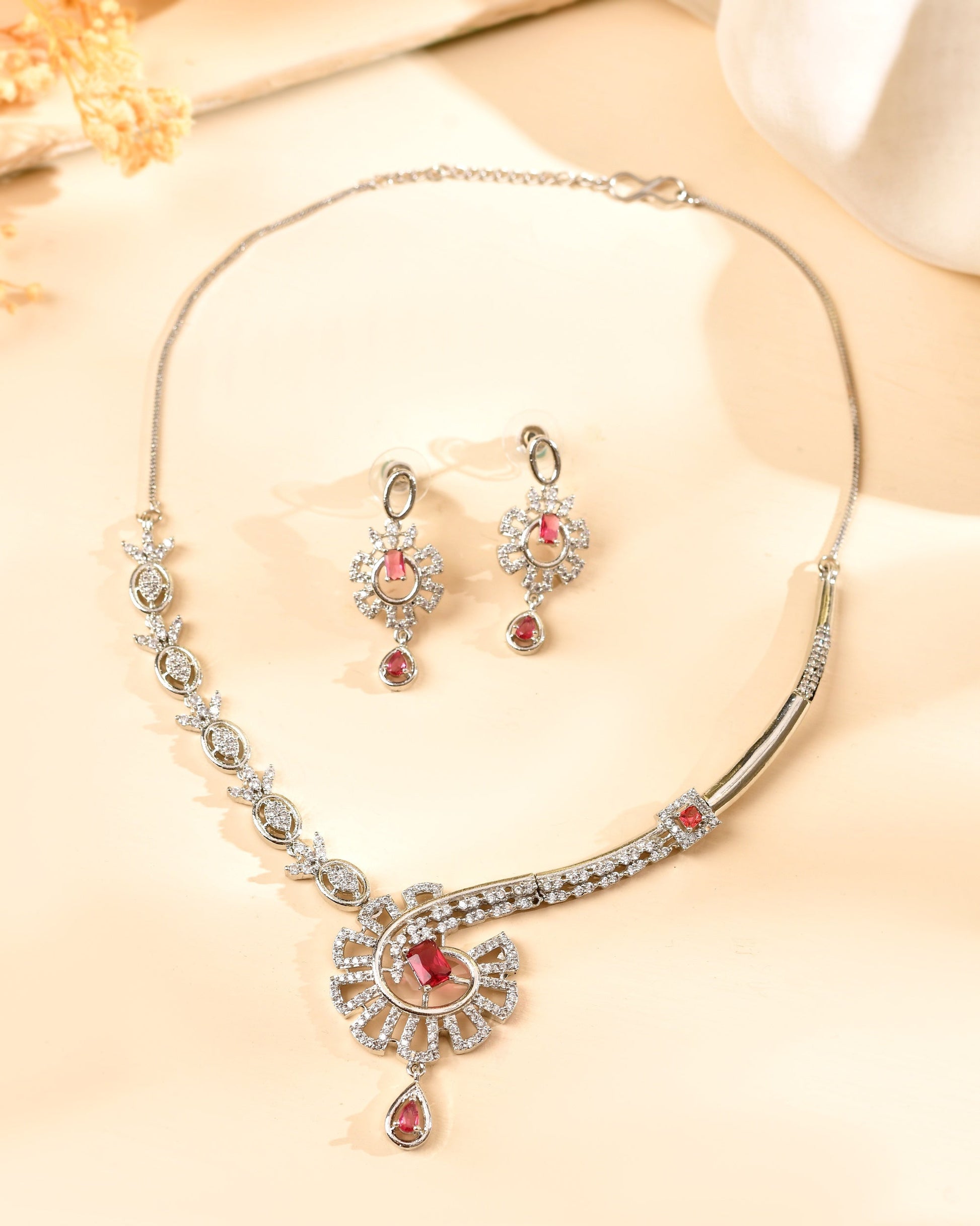 VOJ Silver Plated Ruby Red Ad Stone Studded Designer Necklace Set  Grab2Buy VOJ Grab2Buy