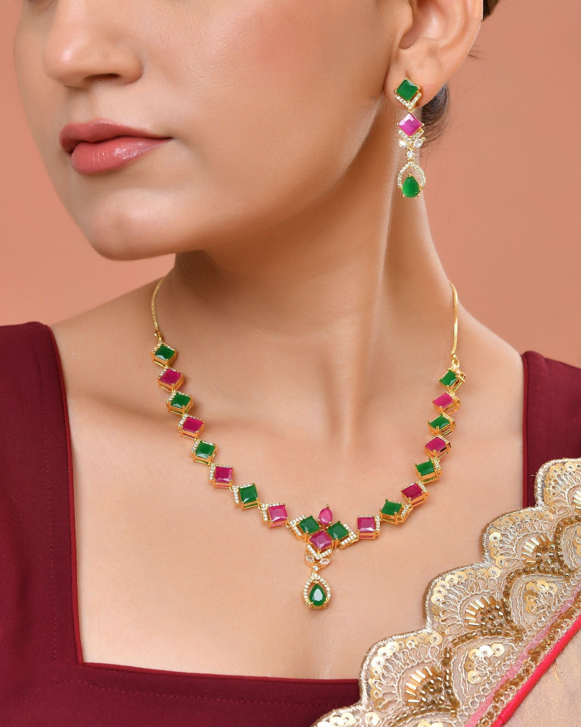 VOJ Gold Plated Green And Red Square Stone Studded Jewellery Set  Grab2Buy VOJ Grab2Buy