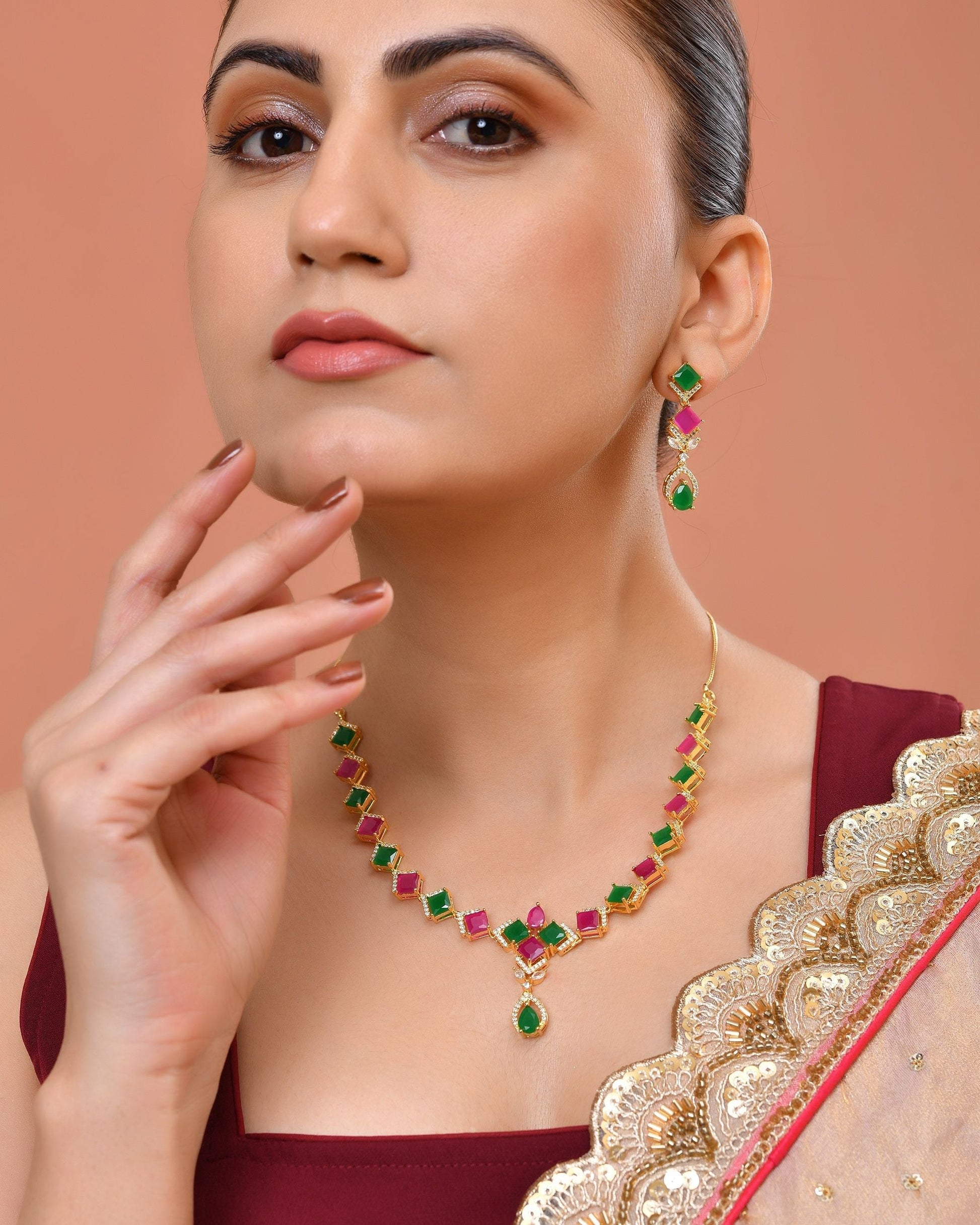 VOJ Gold Plated Green And Red Square Stone Studded Jewellery Set  Grab2Buy VOJ Grab2Buy