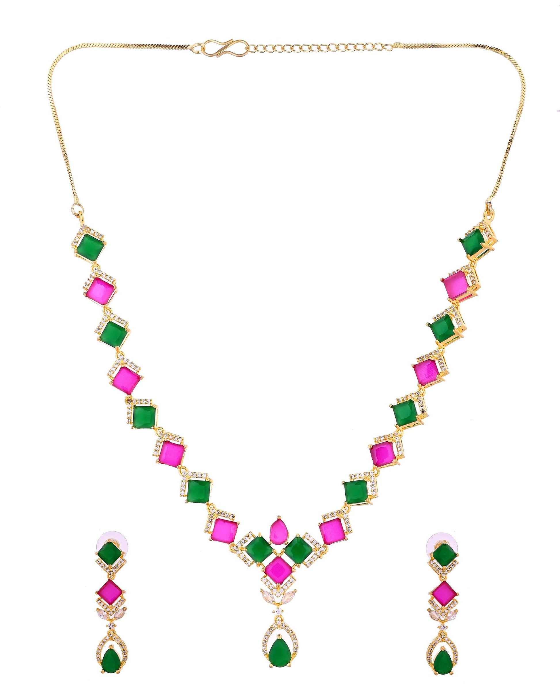 VOJ Gold Plated Green And Red Square Stone Studded Jewellery Set  Grab2Buy VOJ Grab2Buy
