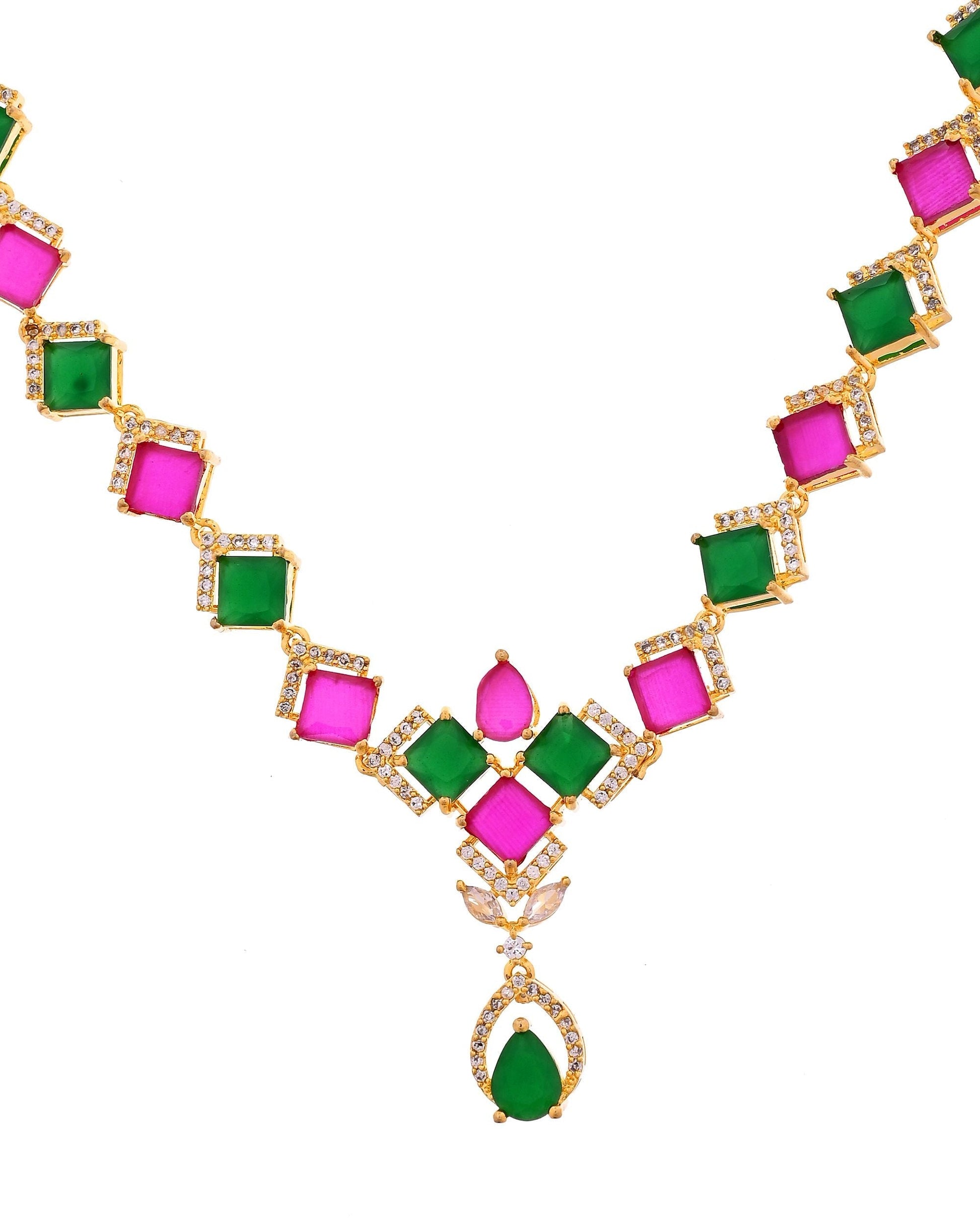 VOJ Gold Plated Green And Red Square Stone Studded Jewellery Set  Grab2Buy VOJ Grab2Buy