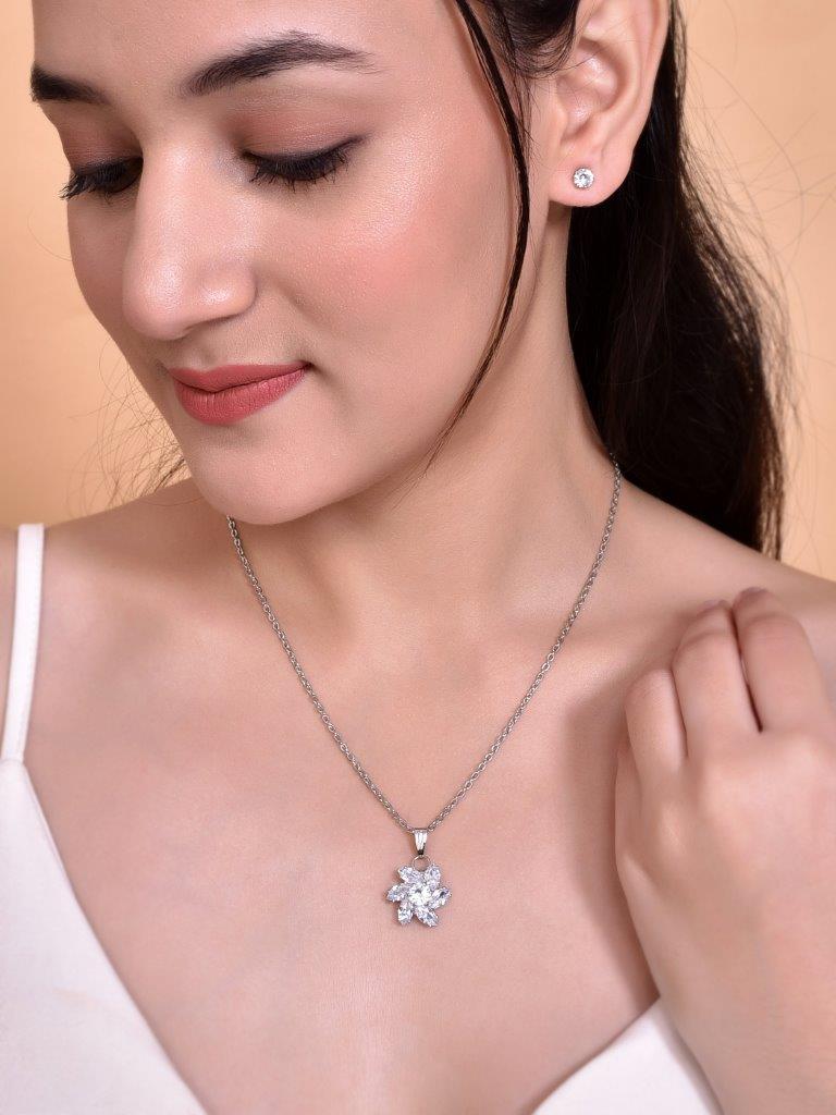 VOJ Silver Plated Flower Pendant Set - Grab2buy