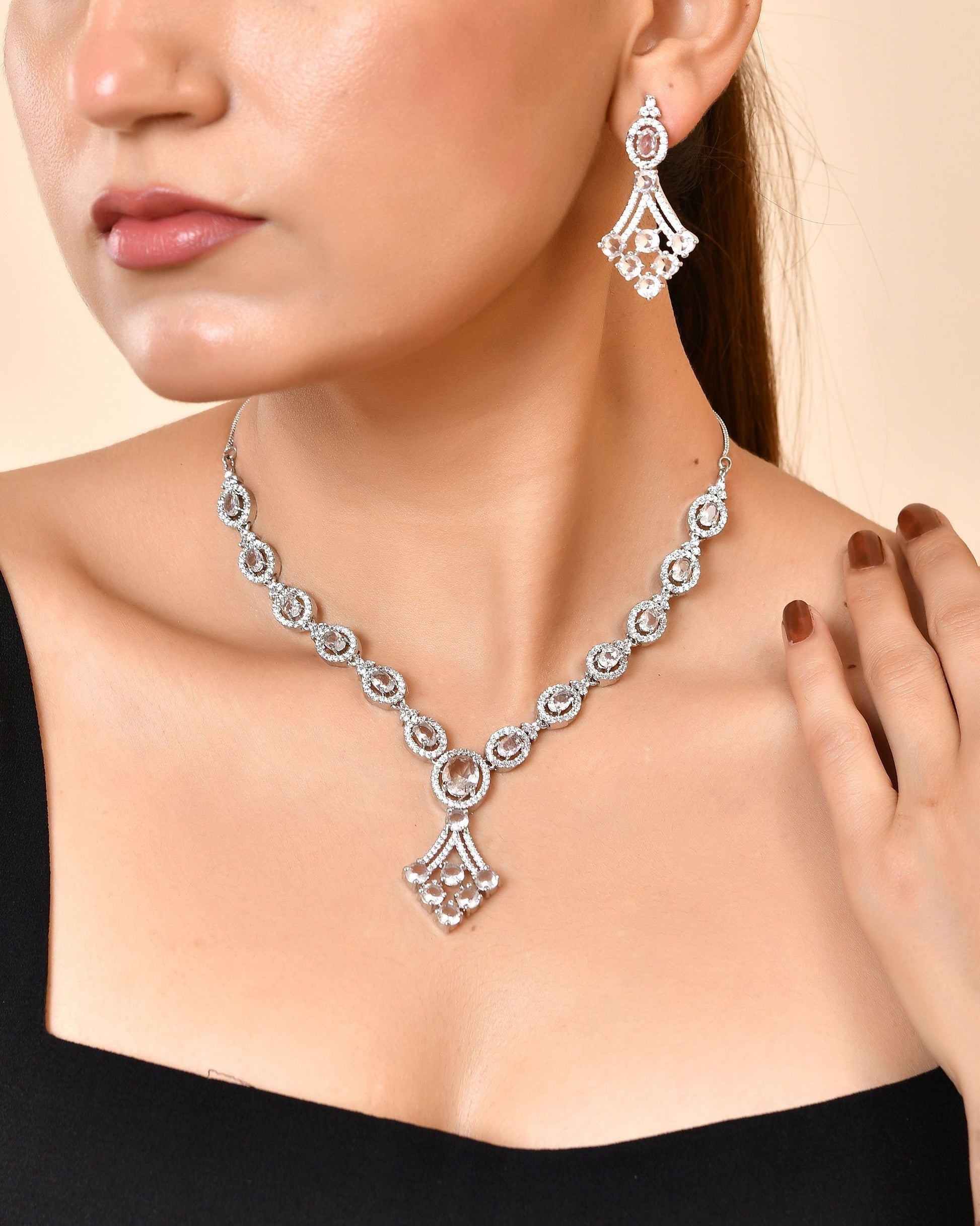 VOJ Silver Plated Ad Stone Studded Necklace Set  Grab2Buy VOJ Grab2Buy