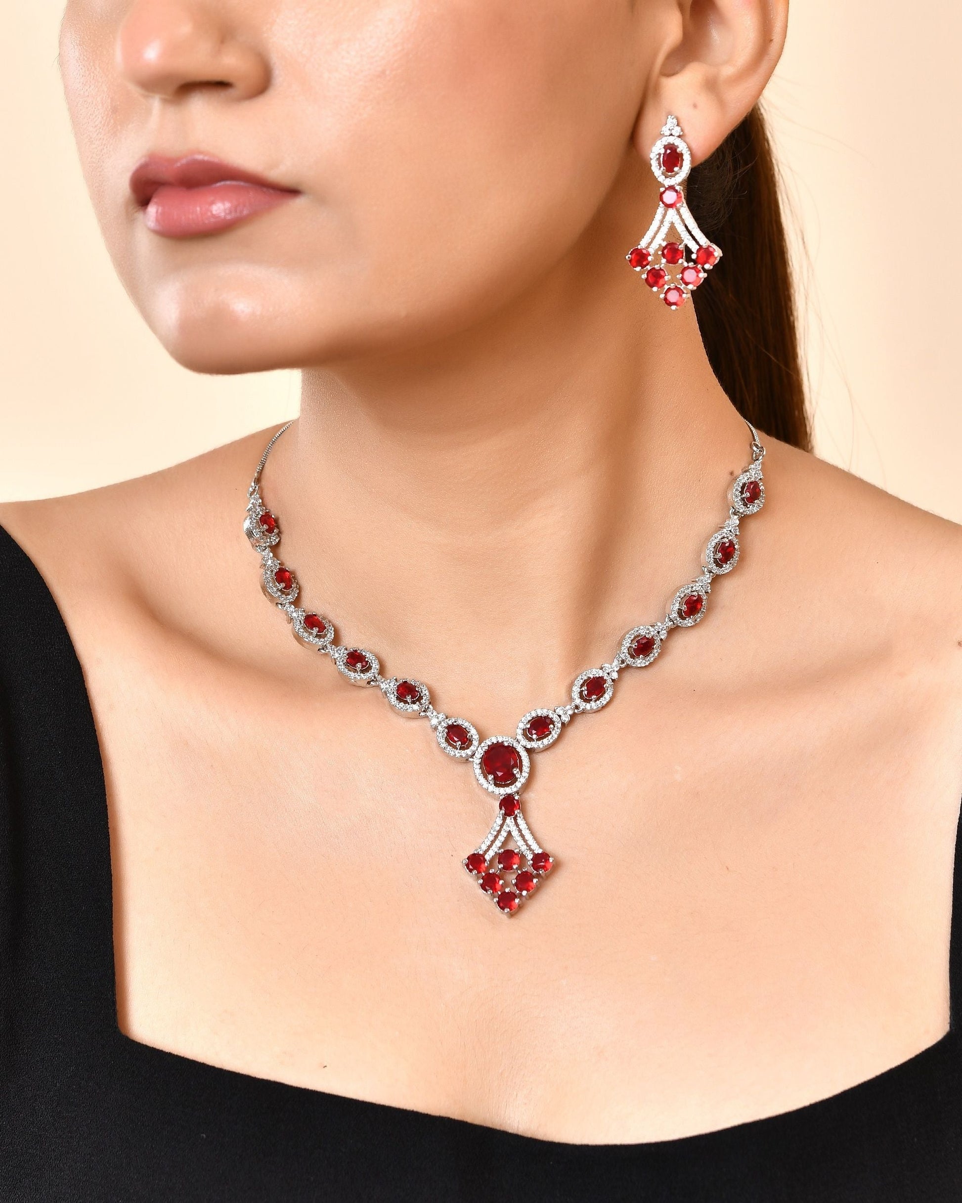 VOJ Silver Plated Ruby Red Ad Stone Studded Necklace Set  Grab2Buy VOJ Grab2Buy