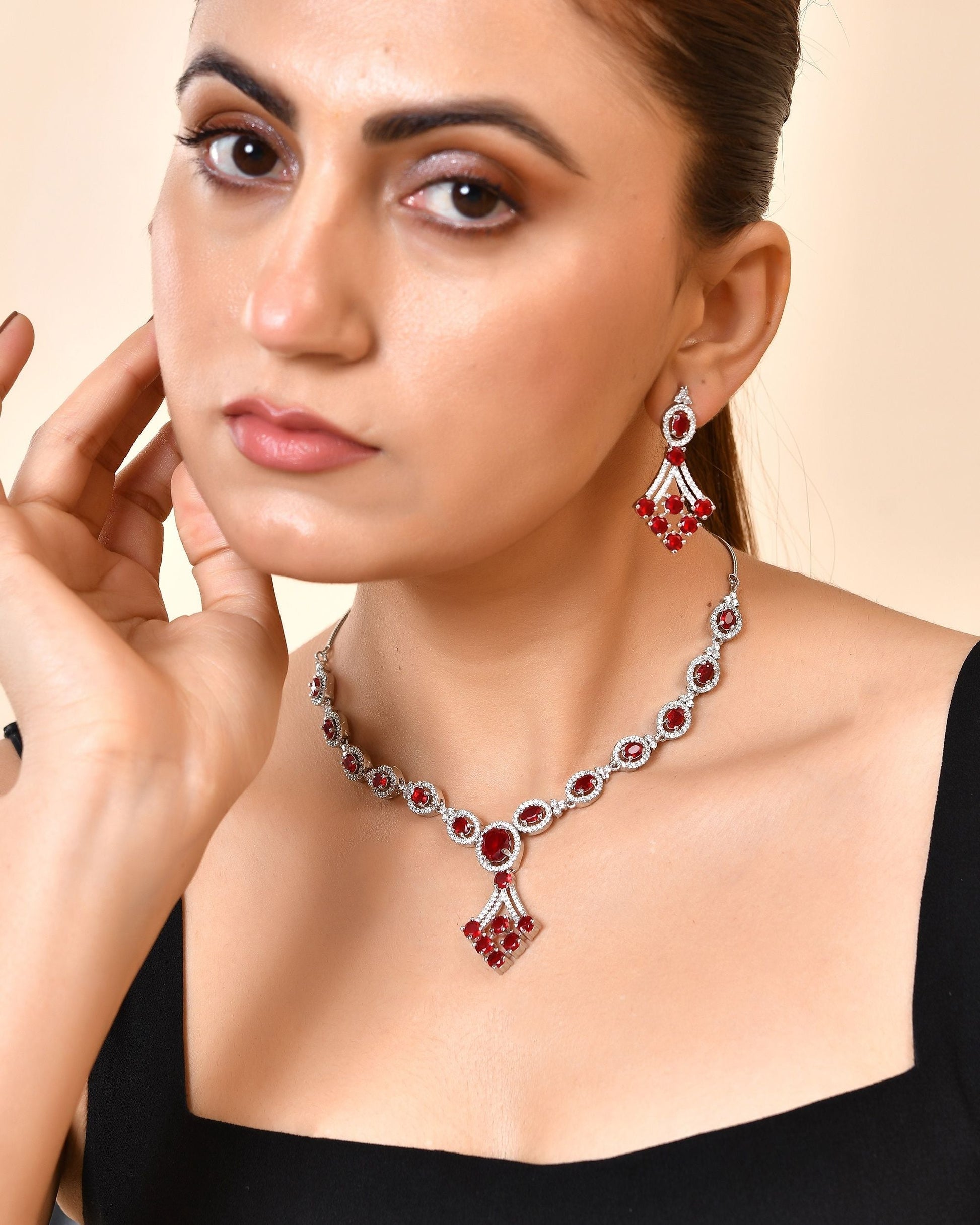 VOJ Silver Plated Ruby Red Ad Stone Studded Necklace Set  Grab2Buy VOJ Grab2Buy