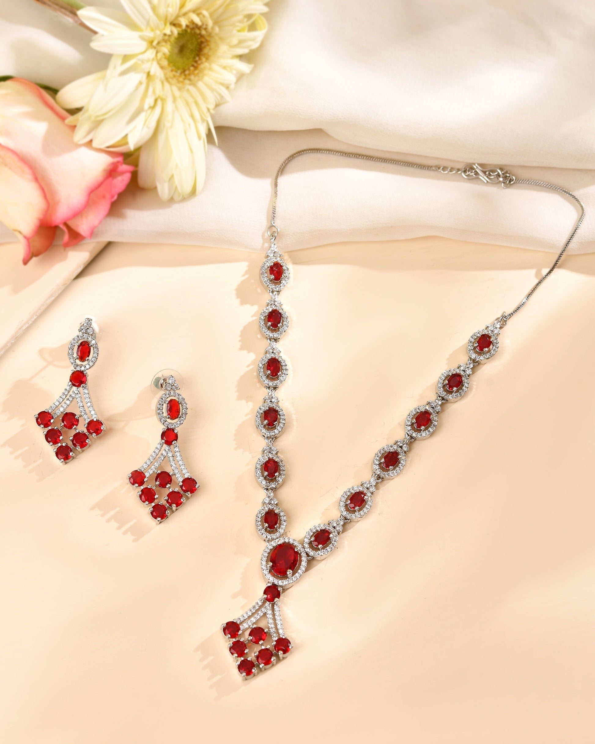 VOJ Silver Plated Ruby Red Ad Stone Studded Necklace Set  Grab2Buy VOJ Grab2Buy