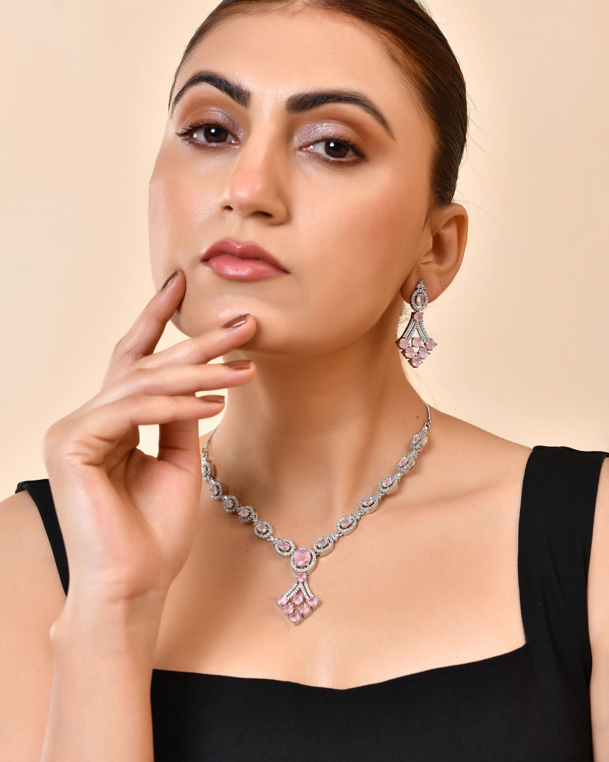 VOJ Silver Plated Baby Pink Ad Stone Studded Necklace Set  Grab2Buy VOJ Grab2Buy