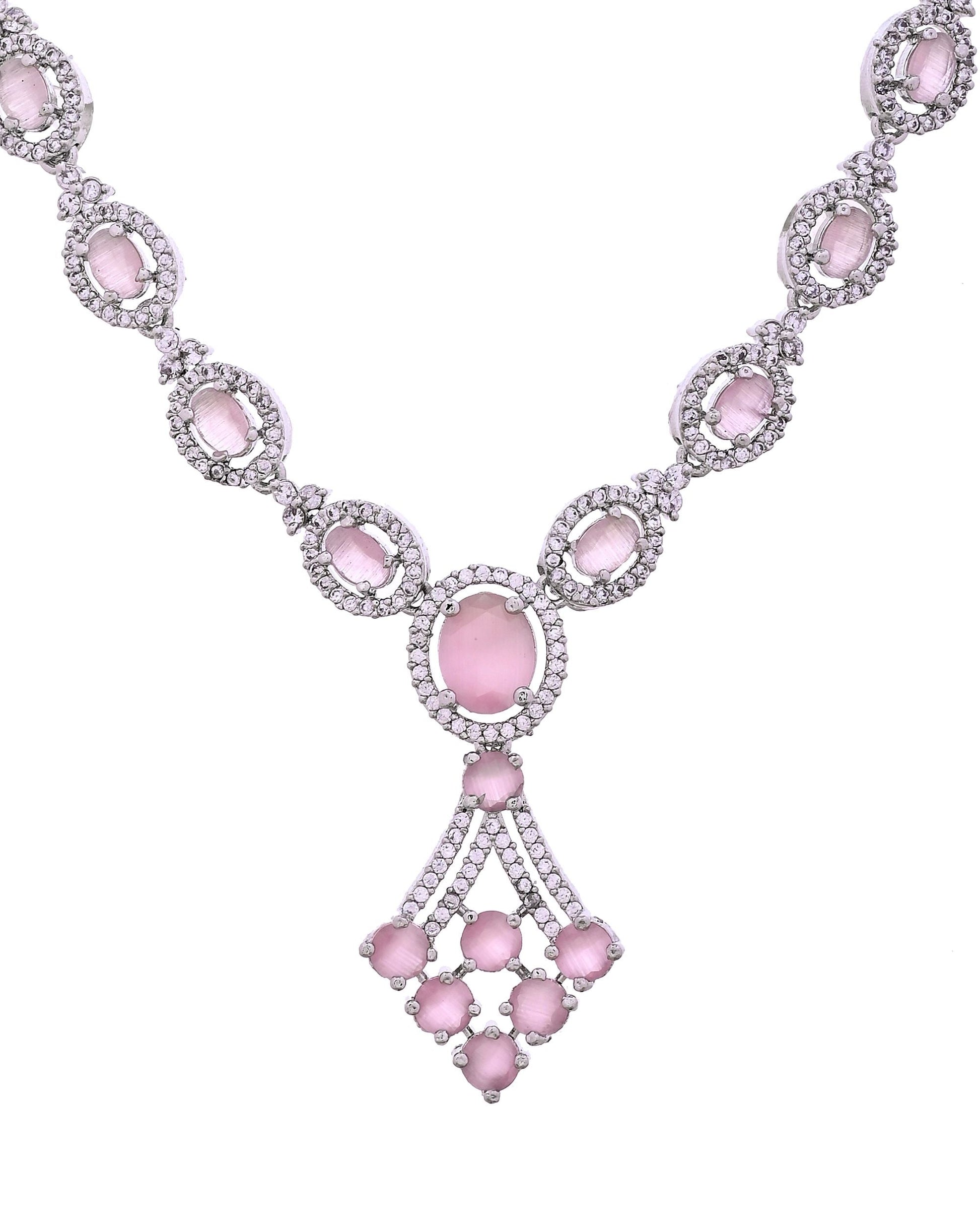 VOJ Silver Plated Baby Pink Ad Stone Studded Necklace Set  Grab2Buy VOJ Grab2Buy