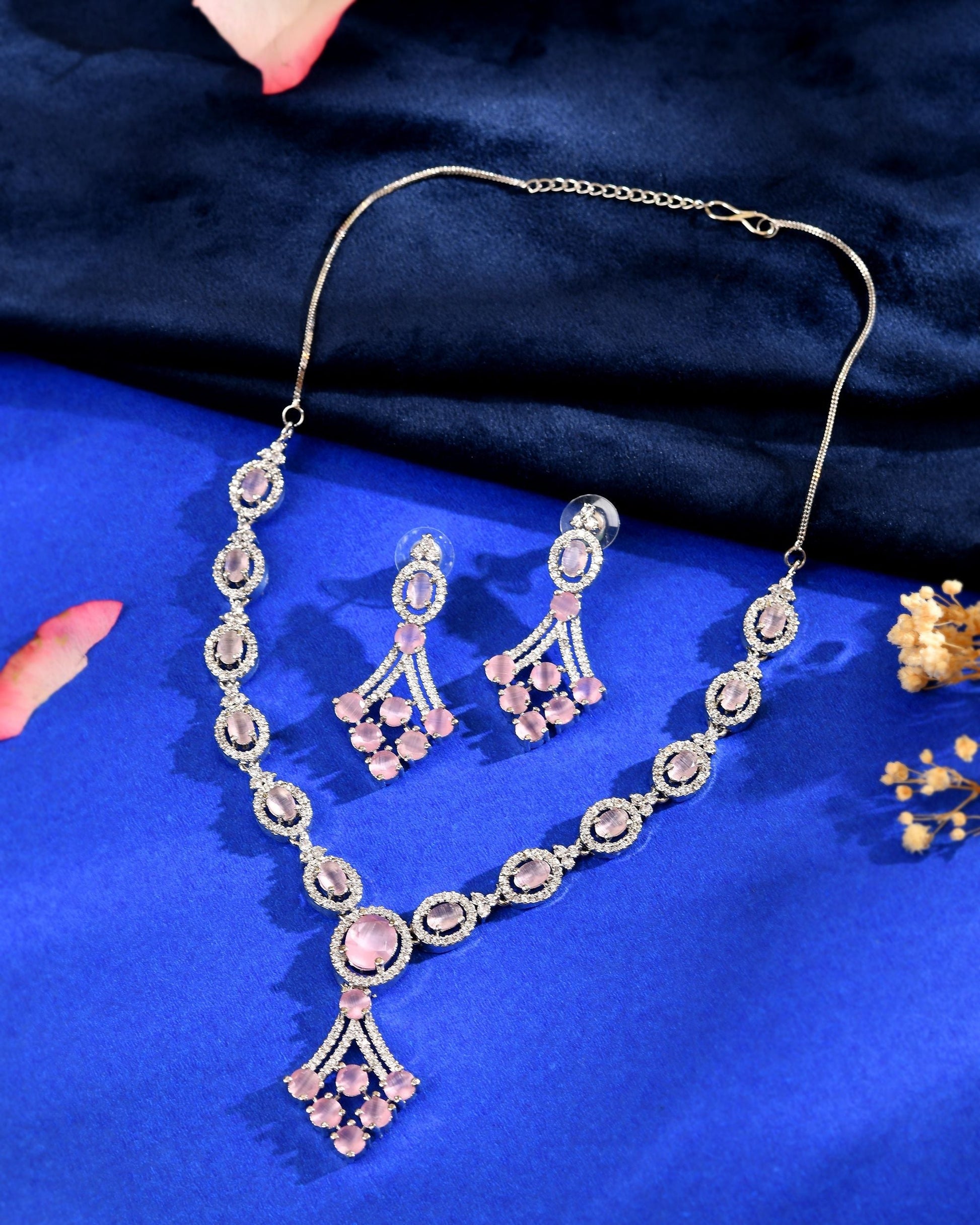 VOJ Silver Plated Baby Pink Ad Stone Studded Necklace Set  Grab2Buy VOJ Grab2Buy
