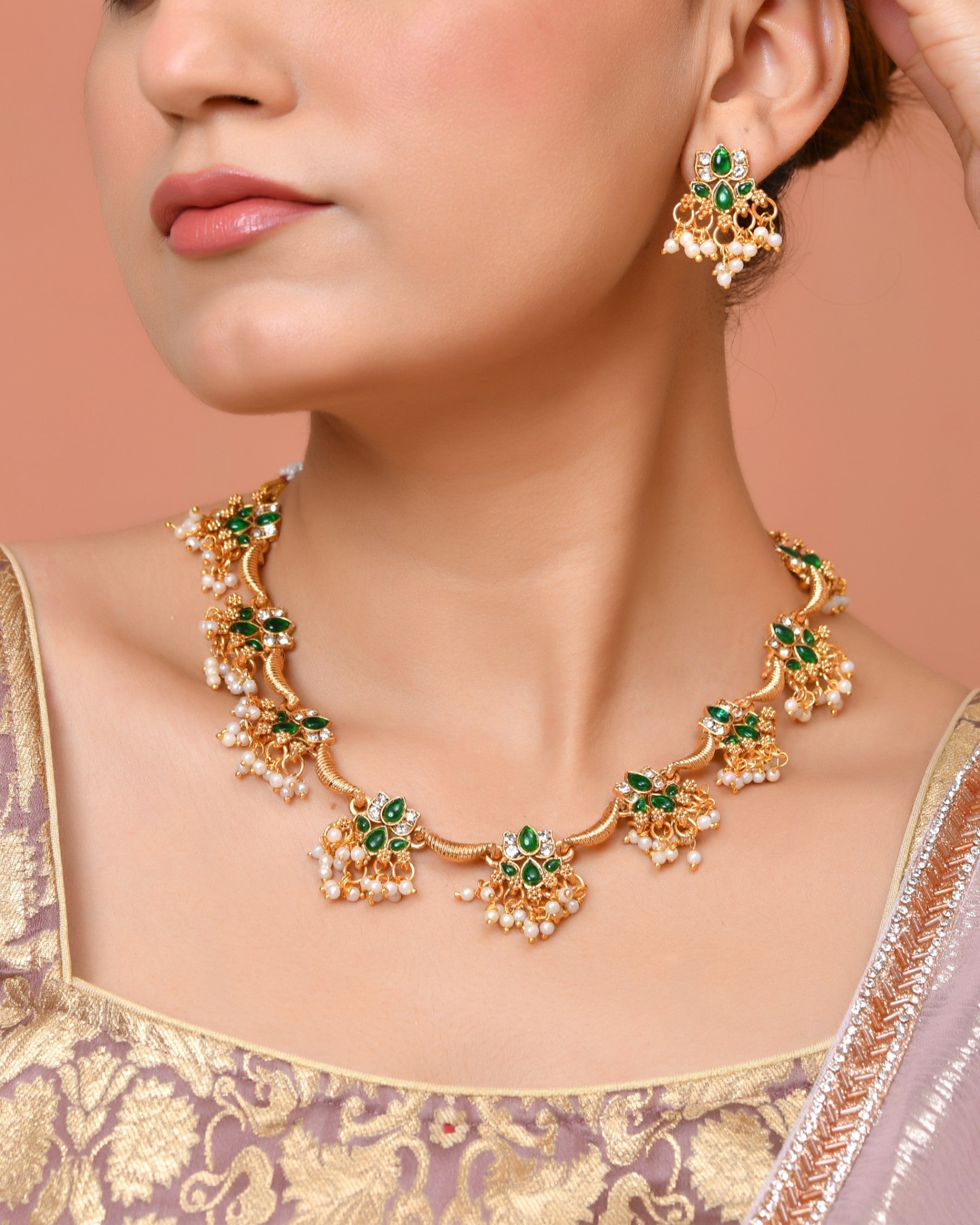 VOJ Gold Tone Green Floral Necklace Set  Grab2Buy VOJ Grab2Buy