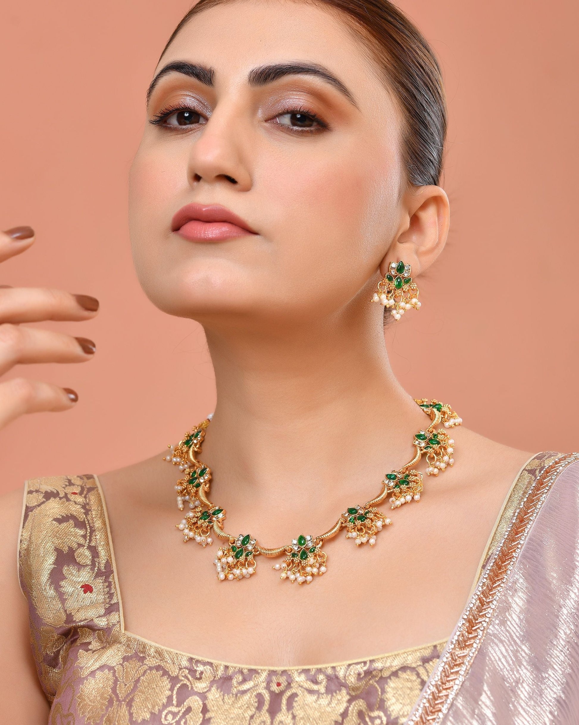 VOJ Gold Tone Green Floral Necklace Set  Grab2Buy VOJ Grab2Buy