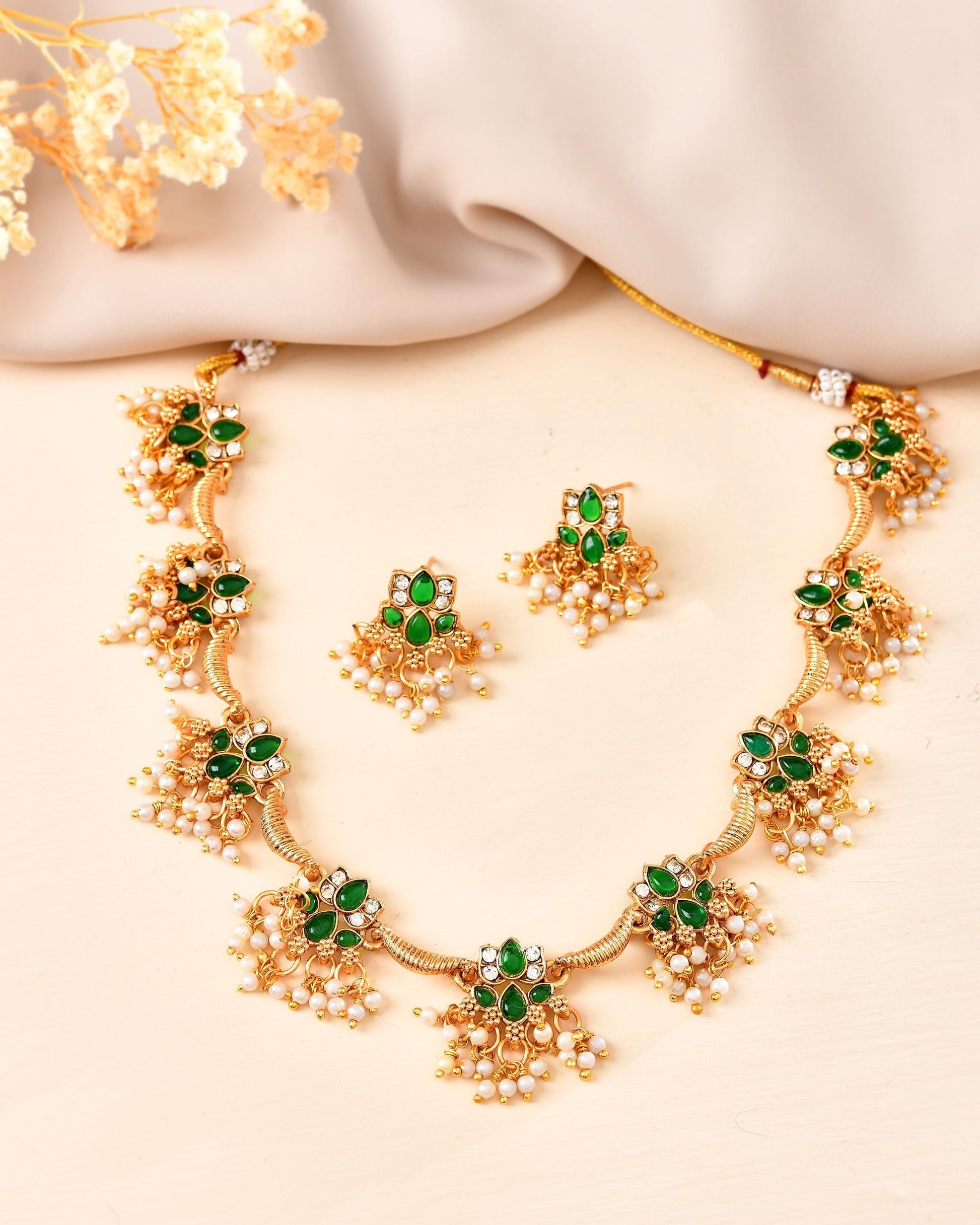 VOJ Gold Tone Green Floral Necklace Set  Grab2Buy VOJ Grab2Buy