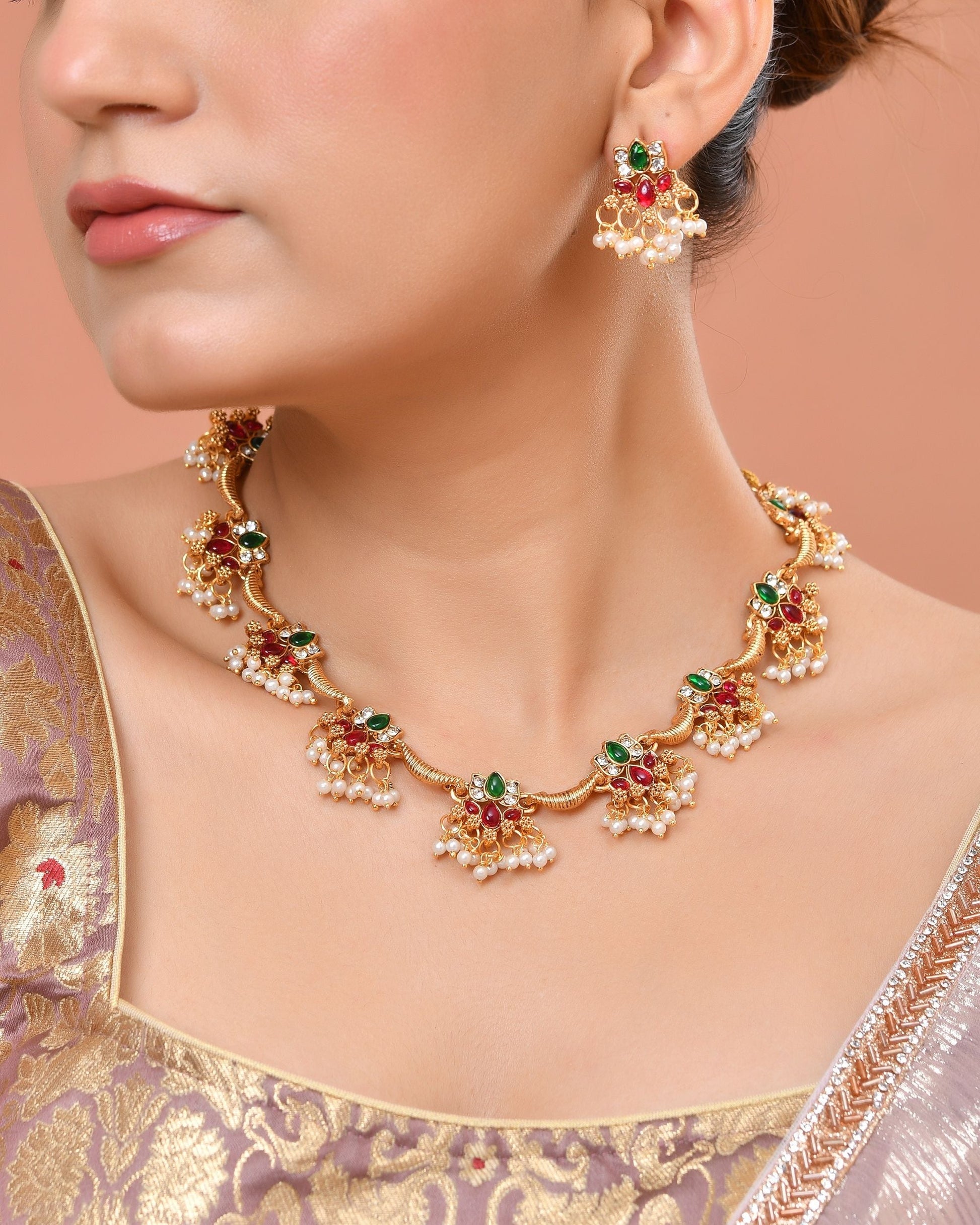 VOJ Gold Tone Multi Colour Floral Necklace Set  Grab2Buy VOJ Grab2Buy