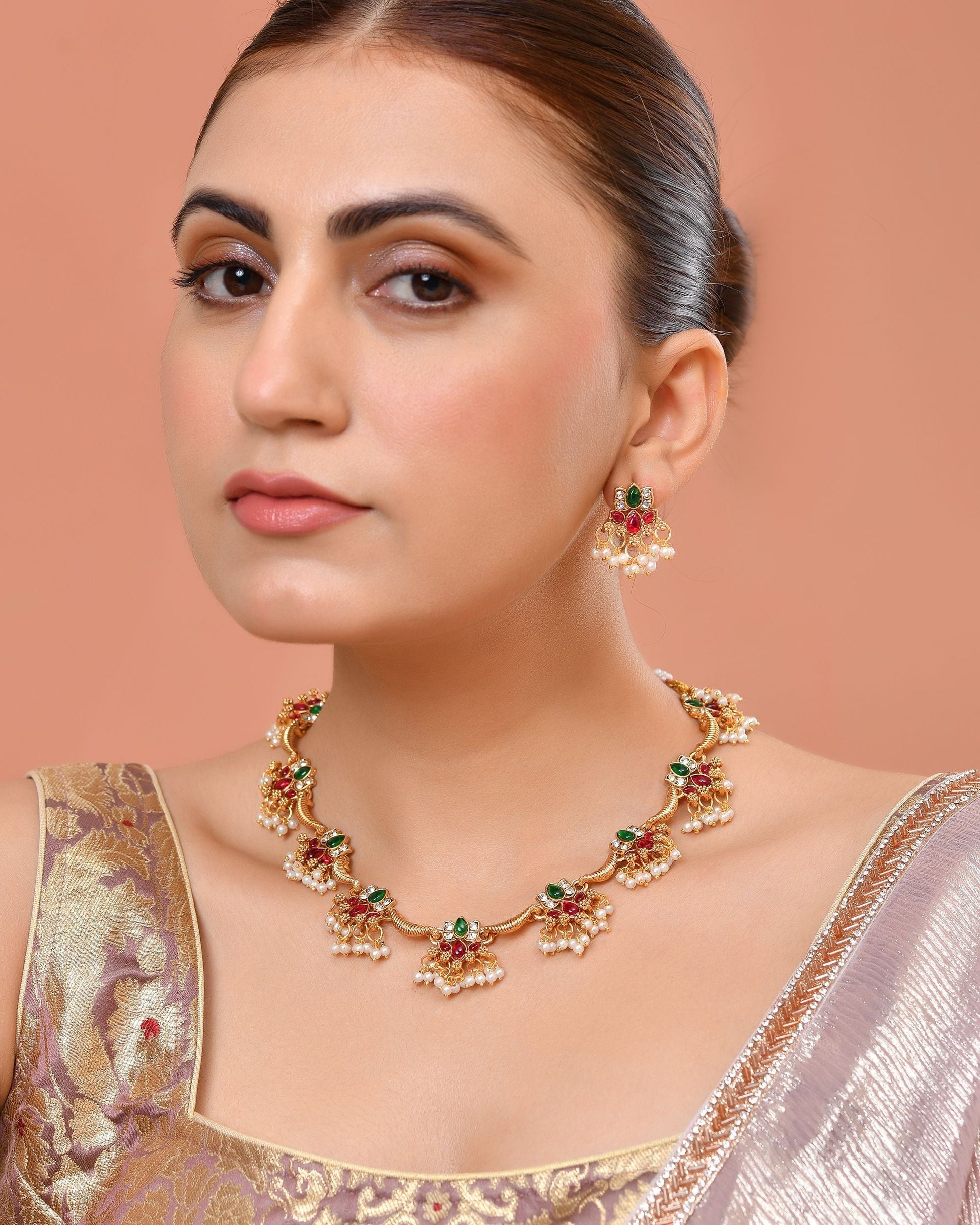 VOJ Gold Tone Multi Colour Floral Necklace Set  Grab2Buy VOJ Grab2Buy