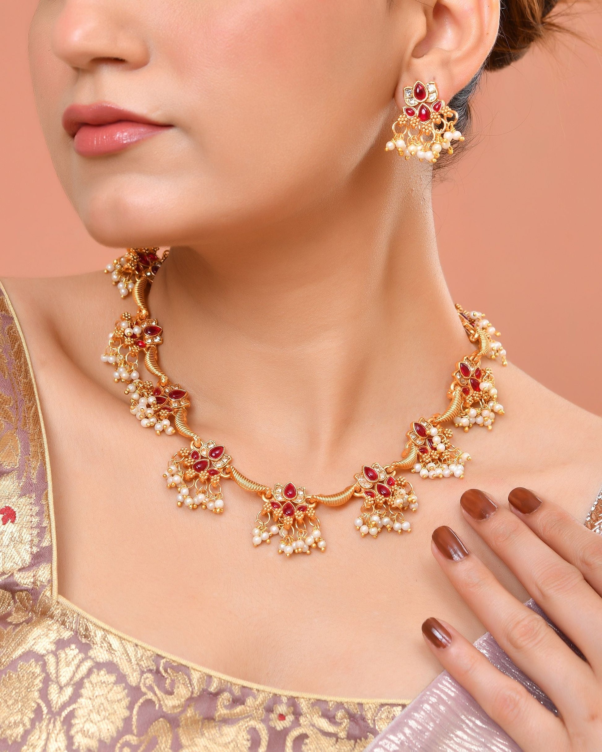 VOJ Gold Tone Ruby Red Floral Necklace Set  Grab2Buy VOJ Grab2Buy
