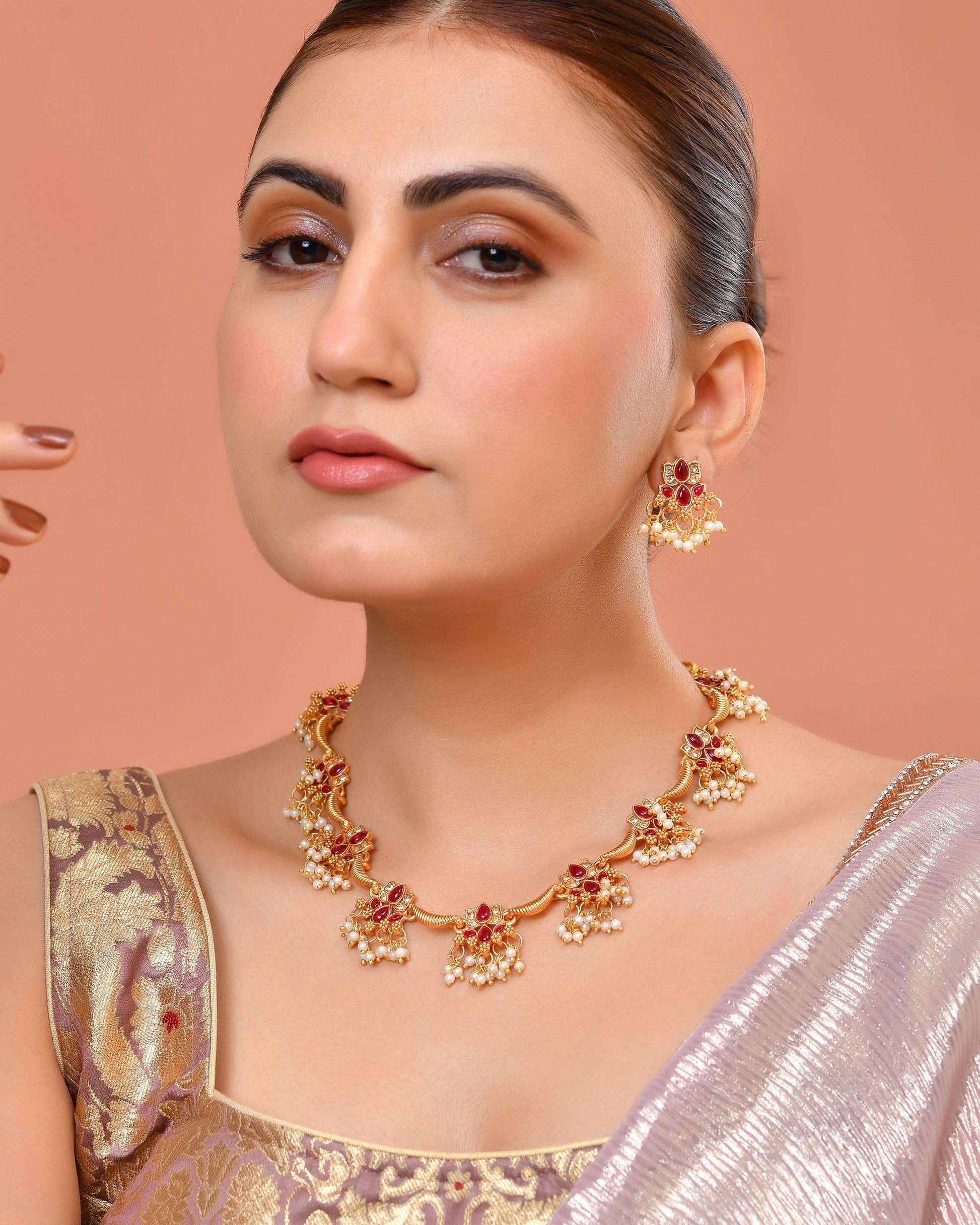VOJ Gold Tone Ruby Red Floral Necklace Set  Grab2Buy VOJ Grab2Buy