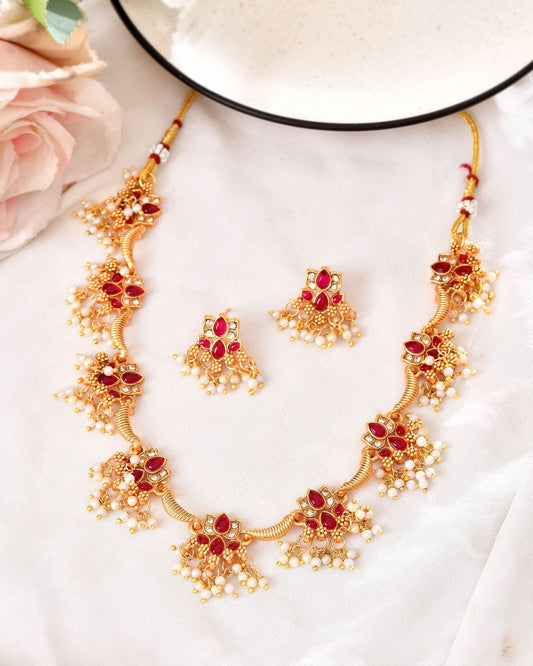 VOJ Gold Tone Ruby Red Floral Necklace Set  Grab2Buy VOJ Grab2Buy