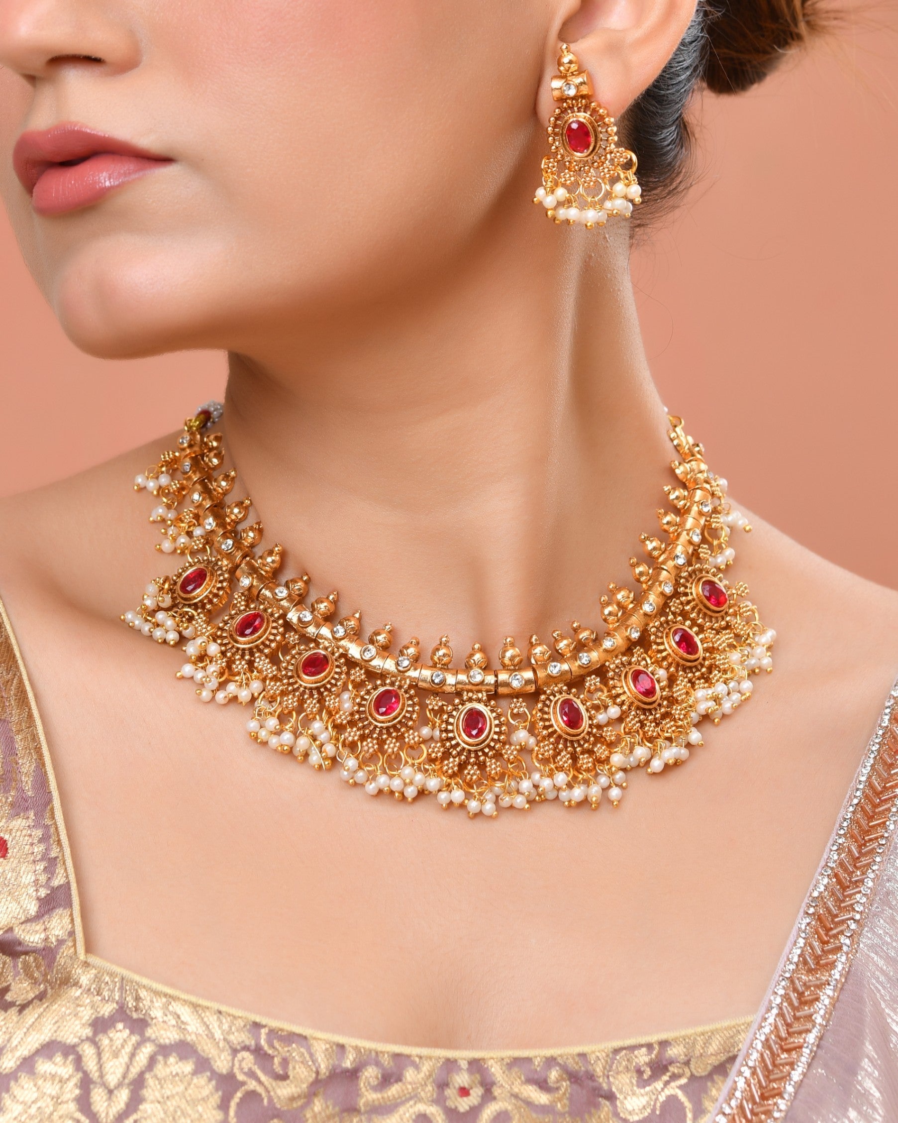 VOJ Gold Plated Ruby Red Stone Oval Jewellery Set  Grab2Buy VOJ Grab2Buy