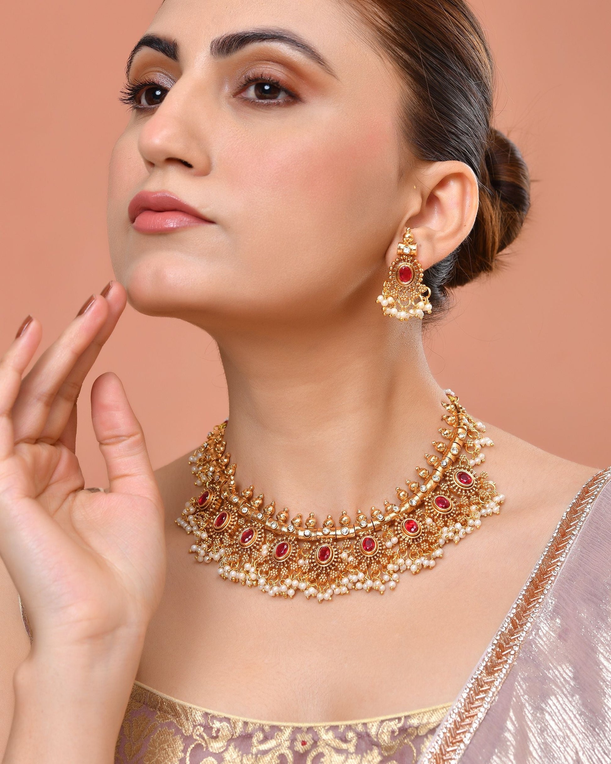 VOJ Gold Plated Ruby Red Stone Oval Jewellery Set  Grab2Buy VOJ Grab2Buy