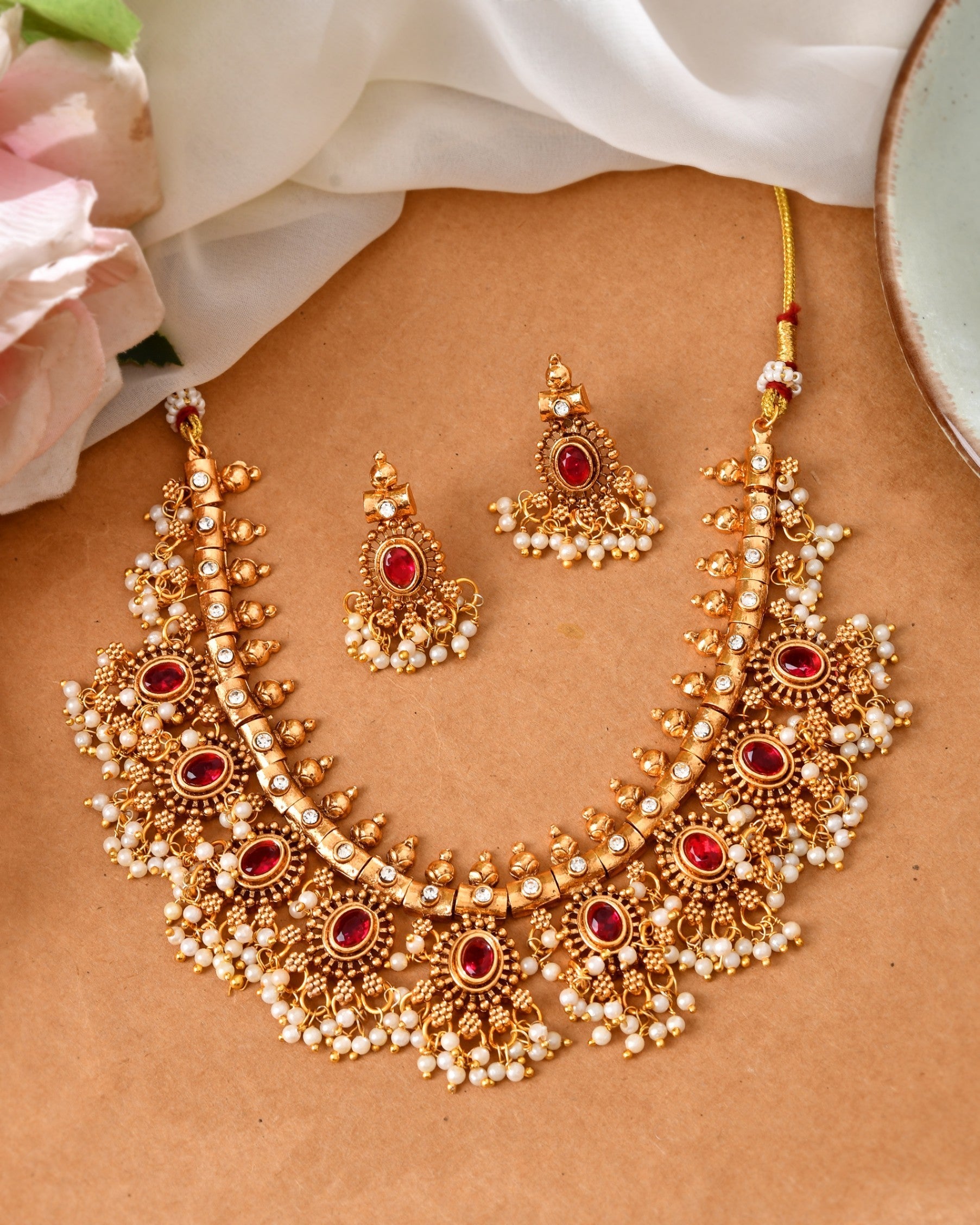 VOJ Gold Plated Ruby Red Stone Oval Jewellery Set  Grab2Buy VOJ Grab2Buy