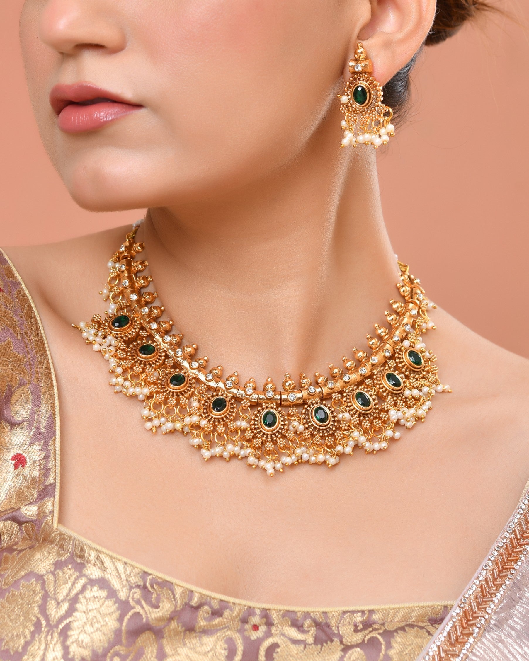 VOJ Gold Plated Green Stone Oval Jewellery Set  Grab2Buy VOJ Grab2Buy