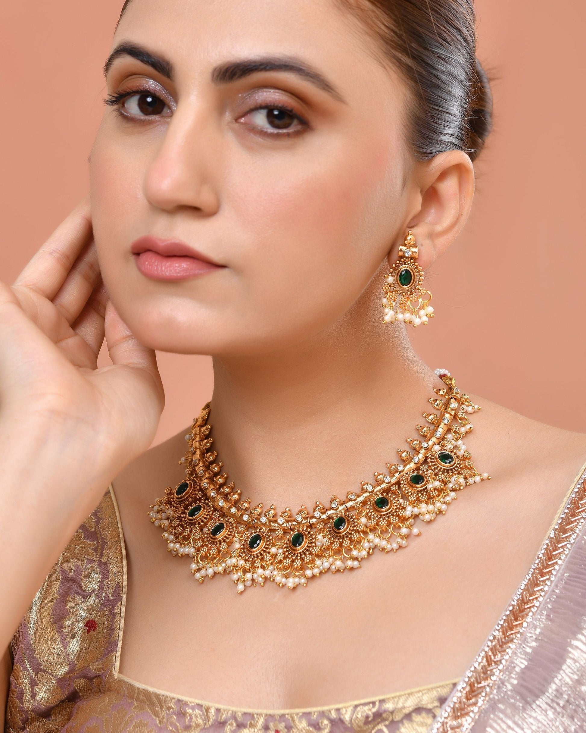 VOJ Gold Plated Green Stone Oval Jewellery Set  Grab2Buy VOJ Grab2Buy