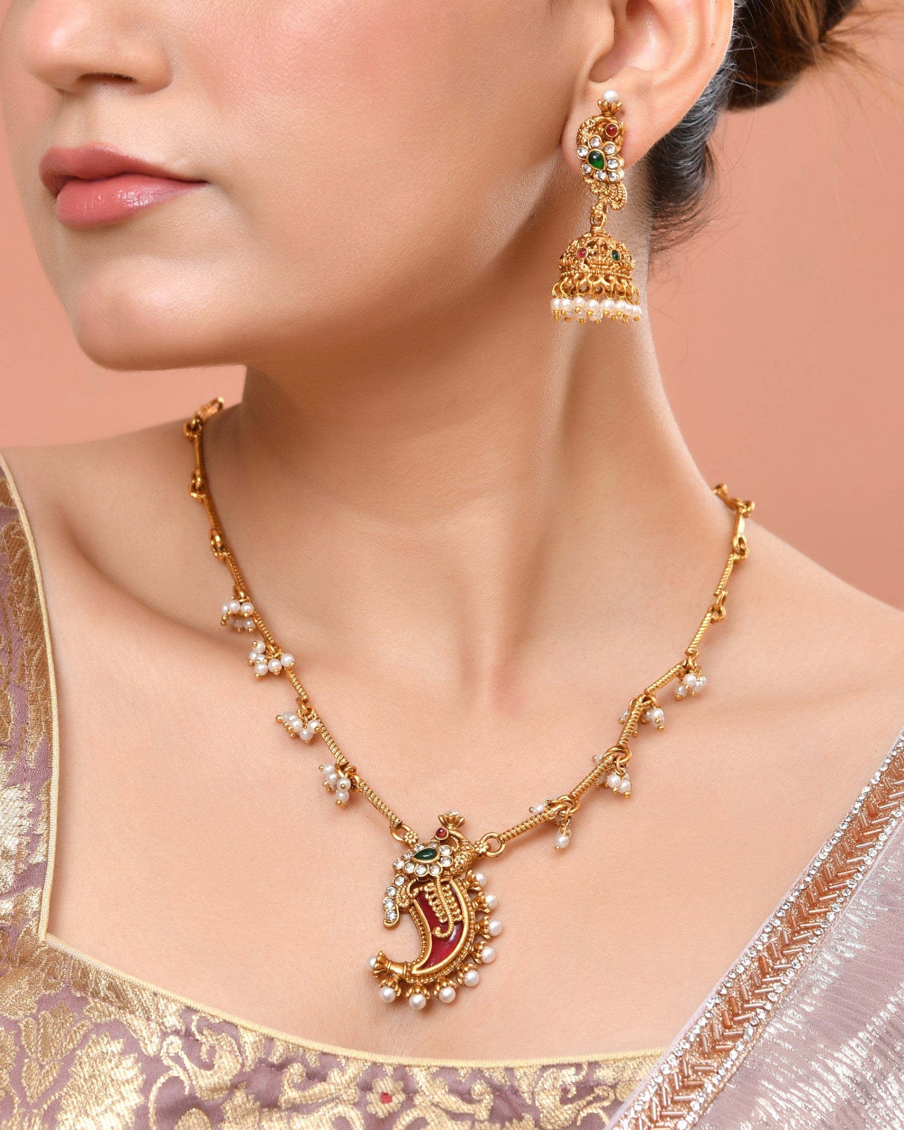 VOJ Gold Plated Antique Design Ruby Red Jewellery Set  Grab2Buy VOJ Grab2Buy