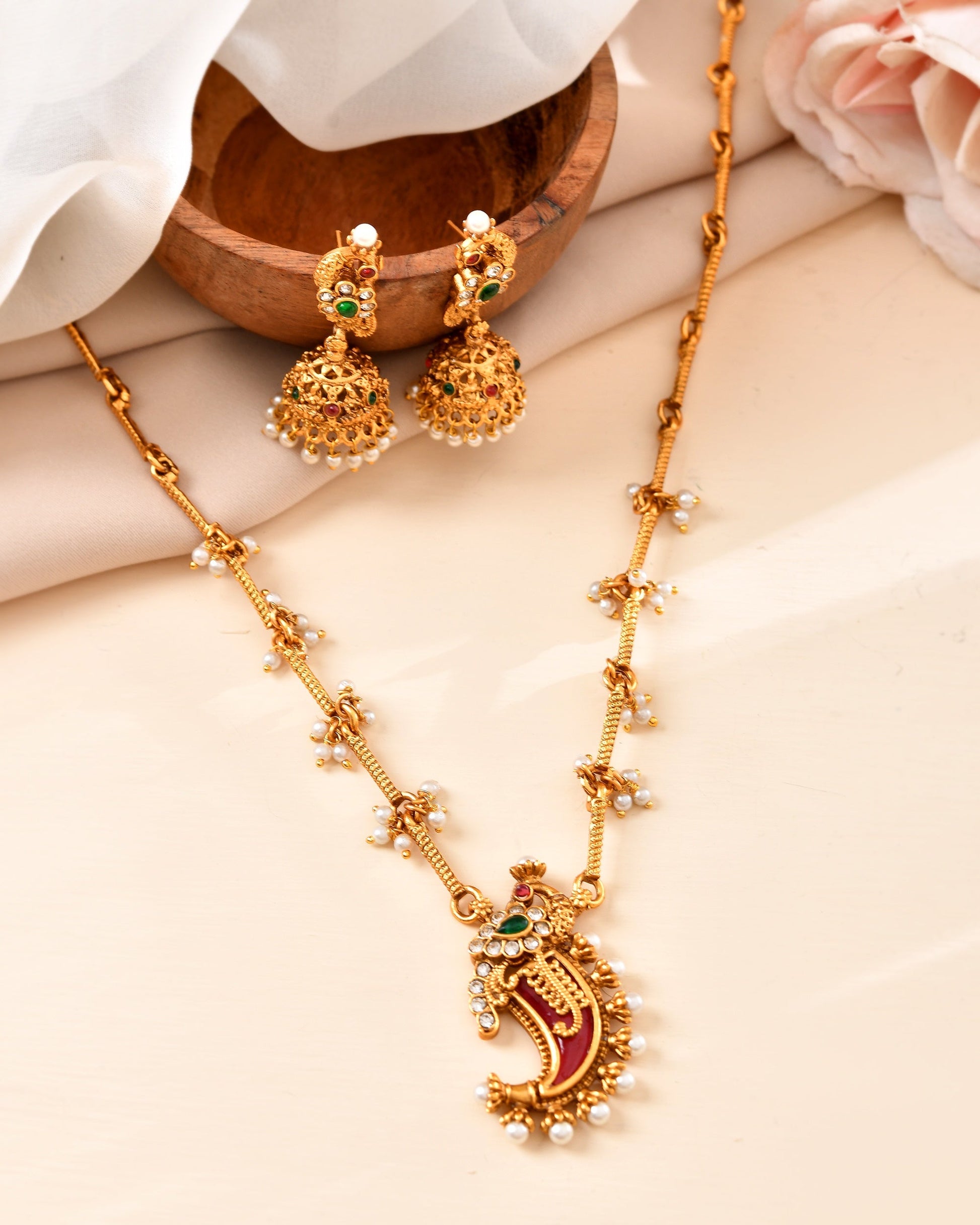 VOJ Gold Plated Antique Design Ruby Red Jewellery Set  Grab2Buy VOJ Grab2Buy