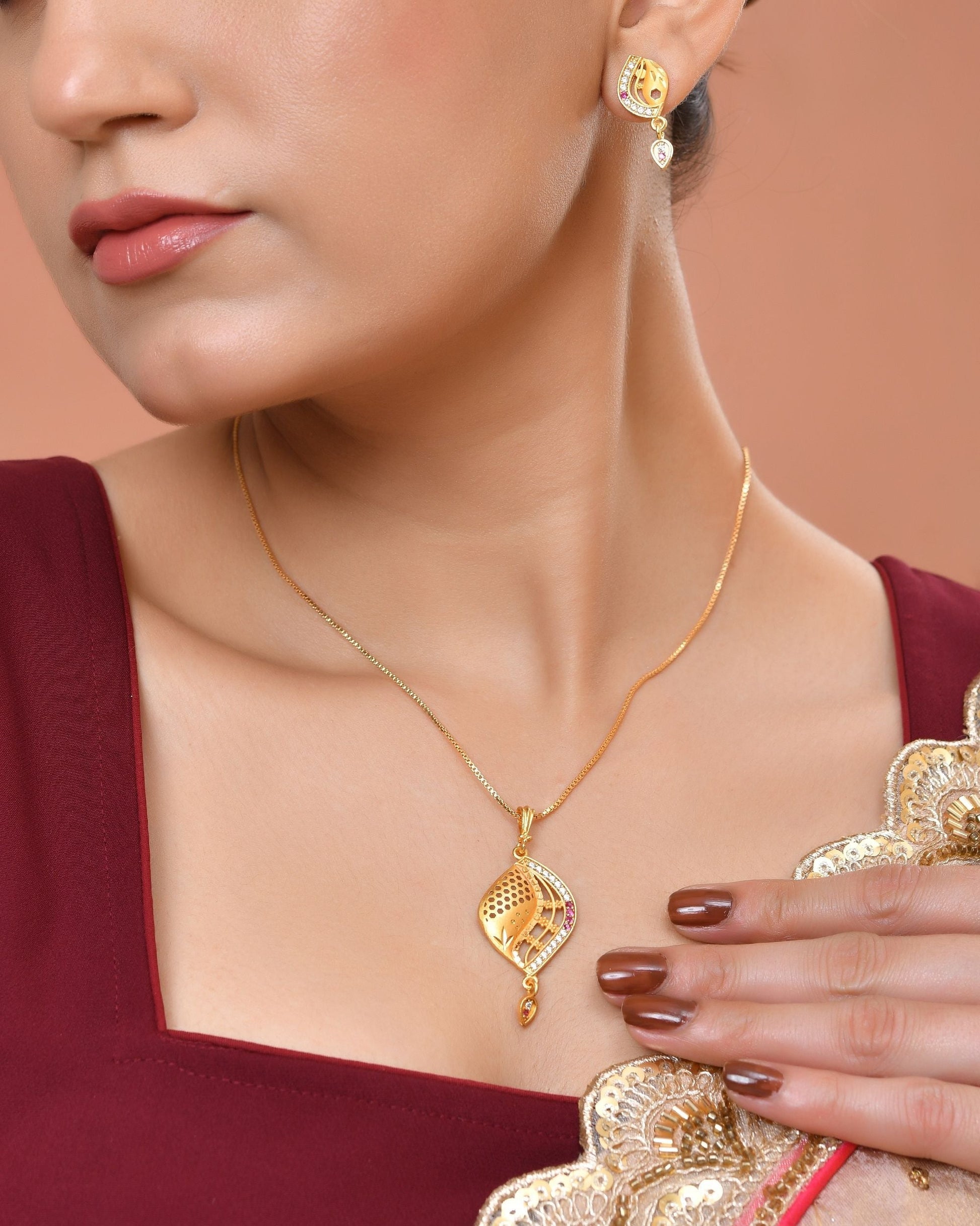 VOJ Gold Plated Simple Chain With Pendant And Earrings Set  Grab2Buy VOJ Grab2Buy