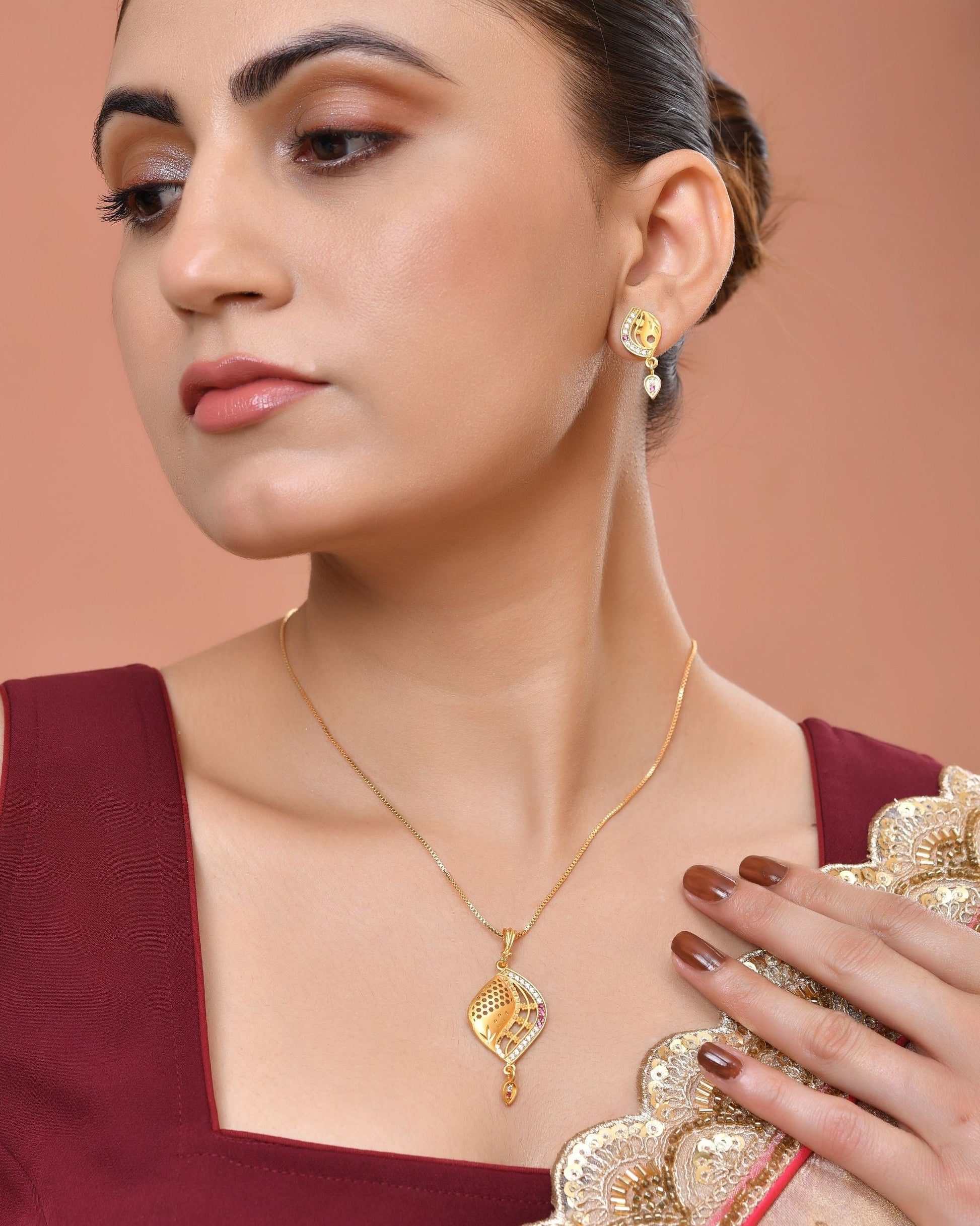 VOJ Gold Plated Simple Chain With Pendant And Earrings Set  Grab2Buy VOJ Grab2Buy