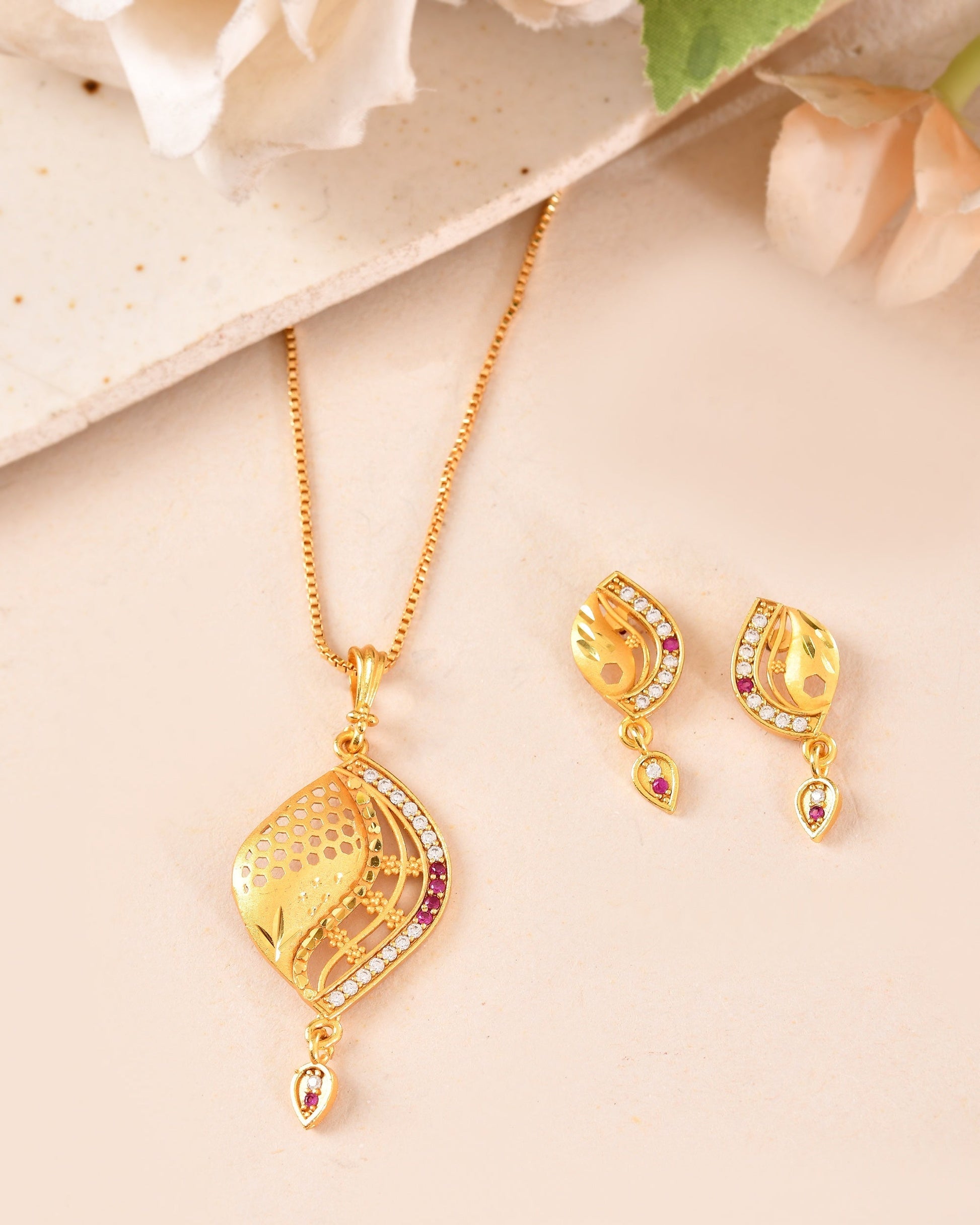 VOJ Gold Plated Simple Chain With Pendant And Earrings Set  Grab2Buy VOJ Grab2Buy